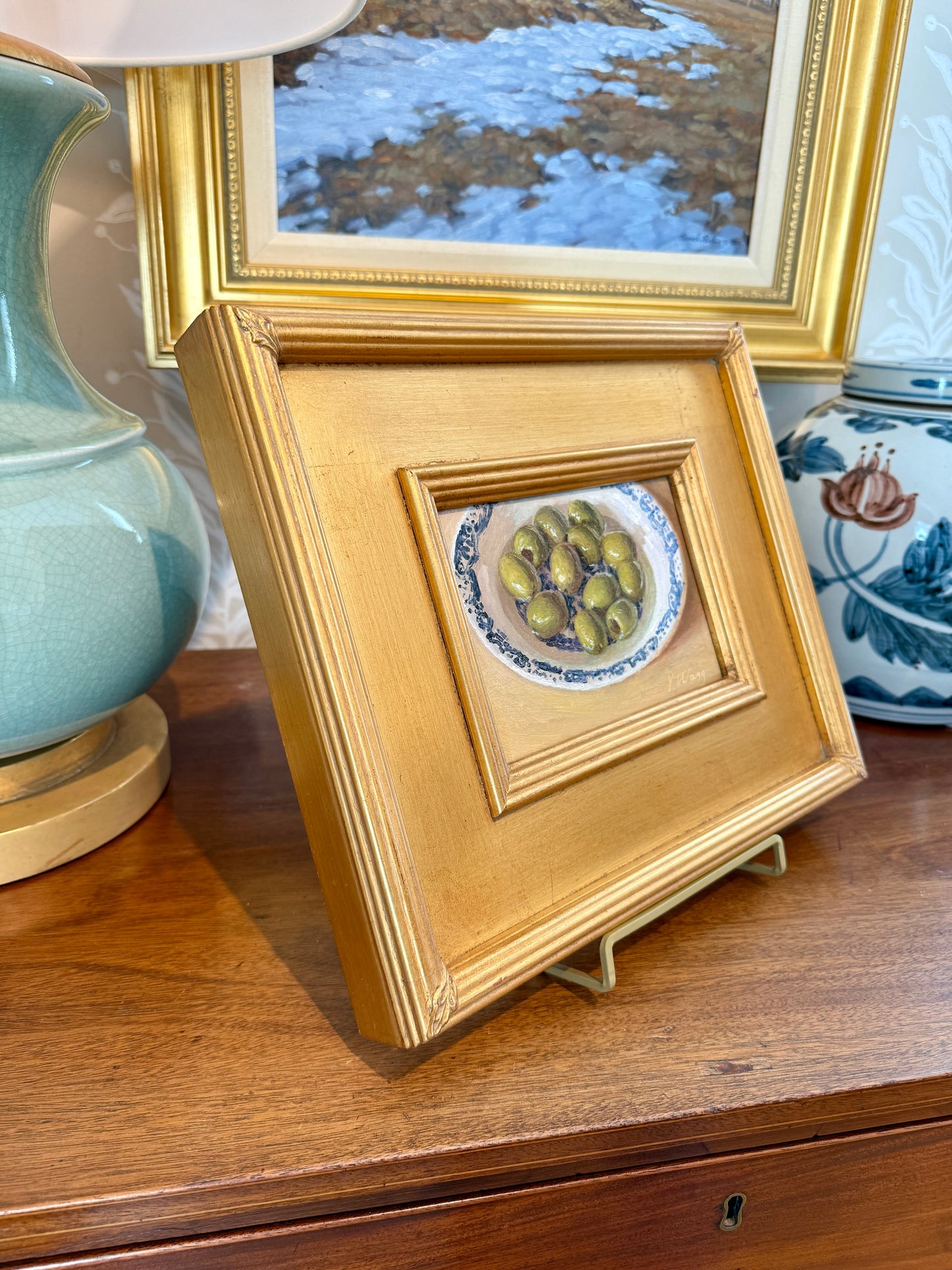 Youqing Wang Green Olives in Blue and White Bowl Still Life Oil Painting in Gold Frame