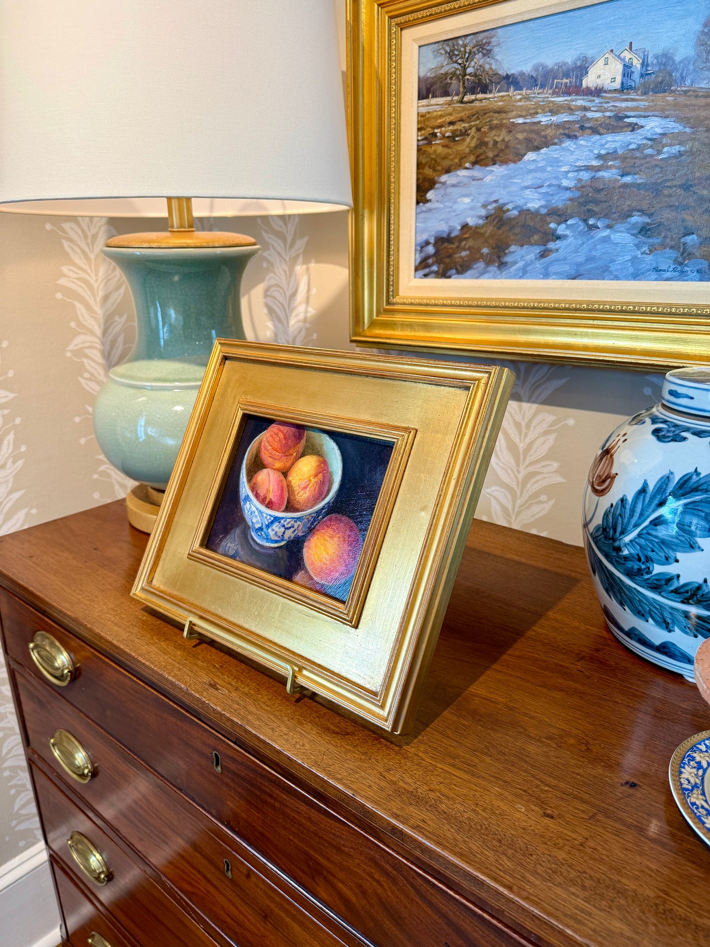Youqing Wang Peaches in Blue and White Bowl Still Life Oil Painting in Gold Frame