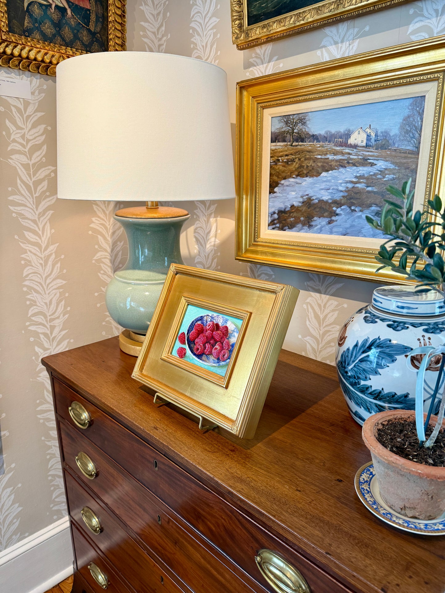 Youqing Wang Raspberries in Blue and White Bowl Still Life Oil Painting in Gold Frame