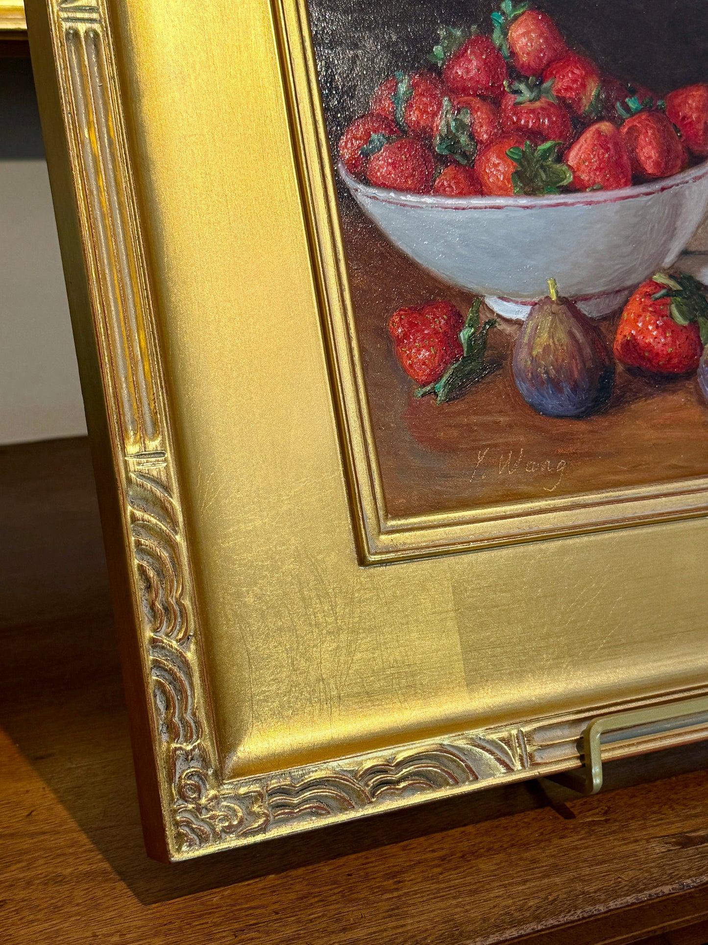 Youqing Wang Strawberries and Figs in Pottery Bowl Still Life Oil Painting in Gold Frame