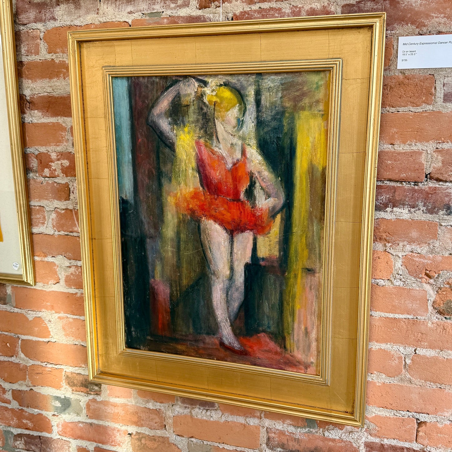 Mid Century Expressionist Ballet Dancer Portrait Oil Painting in Gold Frame