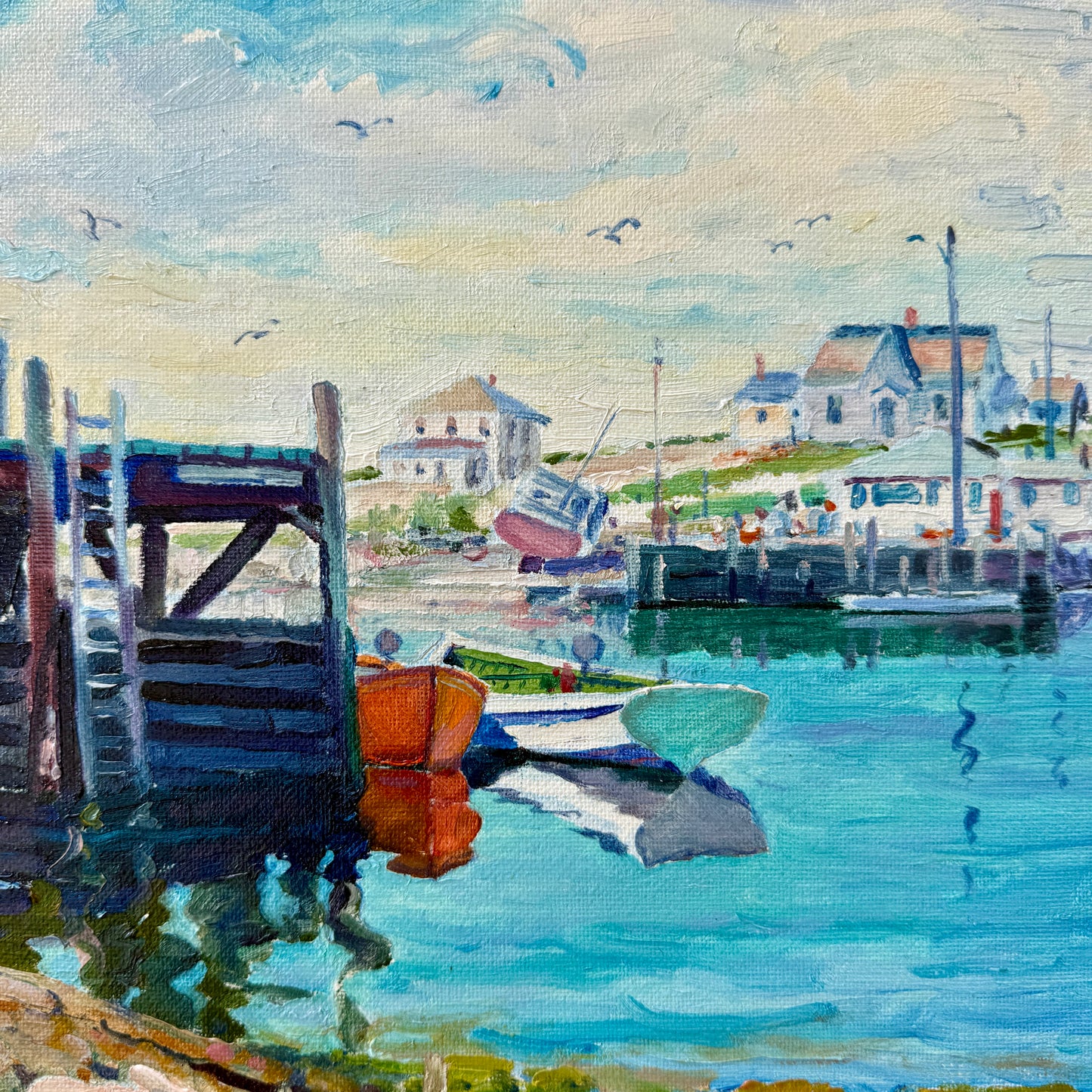 Knox Everson New England Harborscape View from Under the Pier Oil Painting in Gold Frame