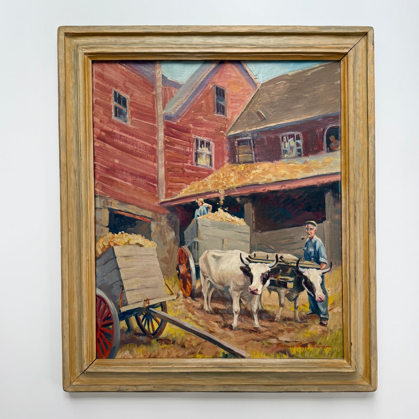 Florence Prince Ewing American Farm Scene with Cows in Wood Frame