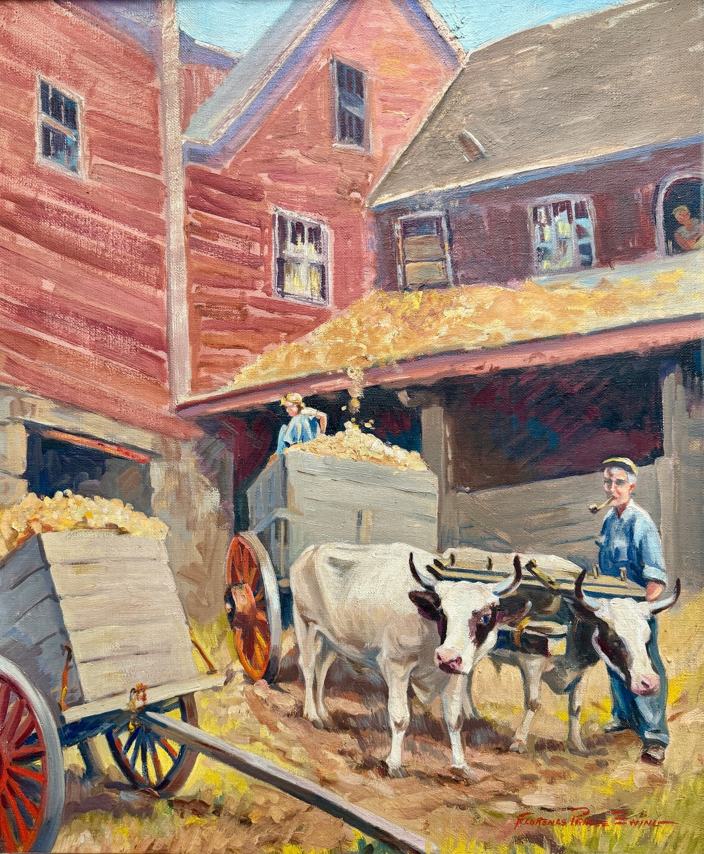 Florence Prince Ewing American Farm Scene with Cows in Wood Frame