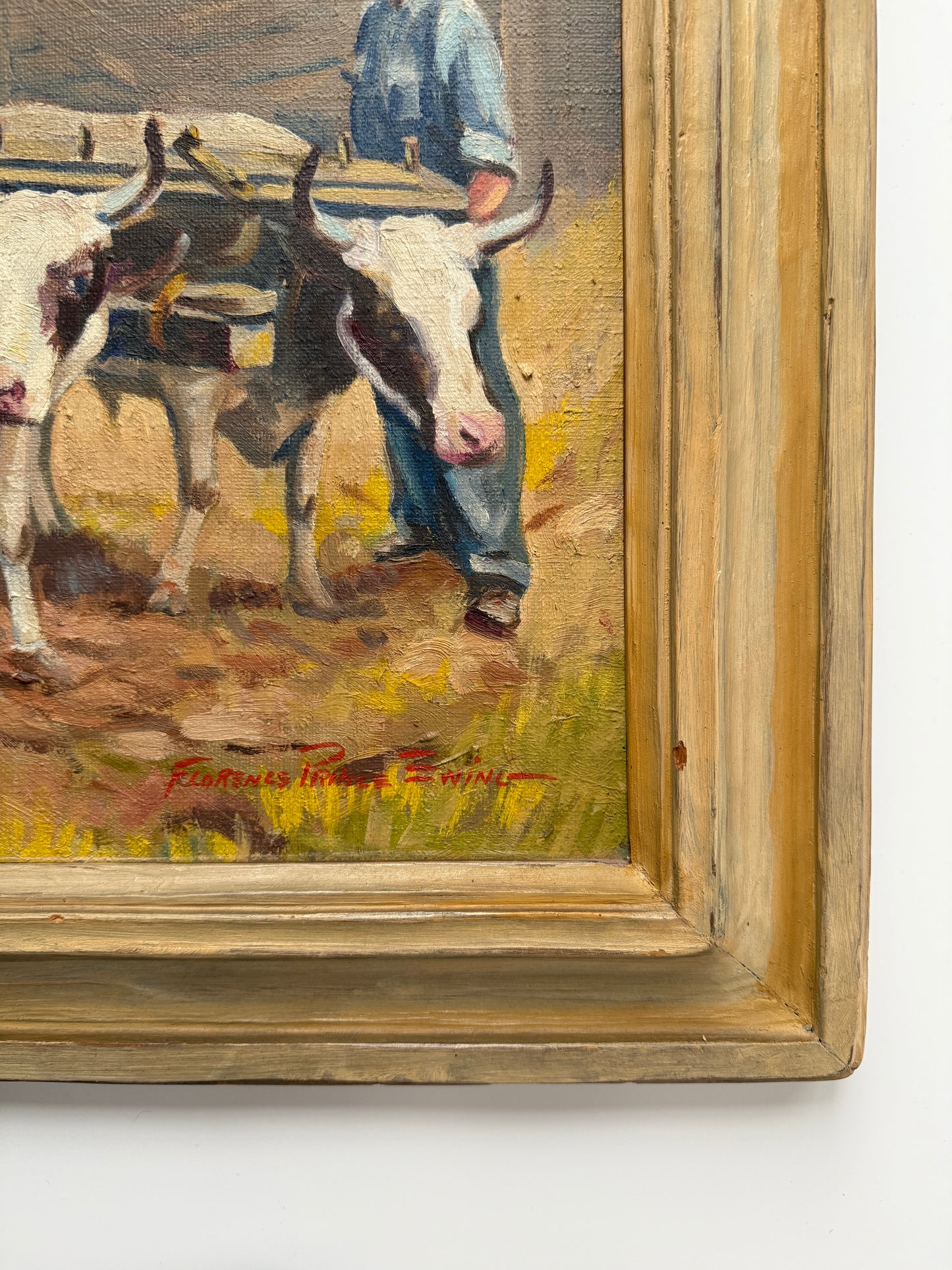 Florence Prince Ewing American Farm Scene with Cows in Wood Frame