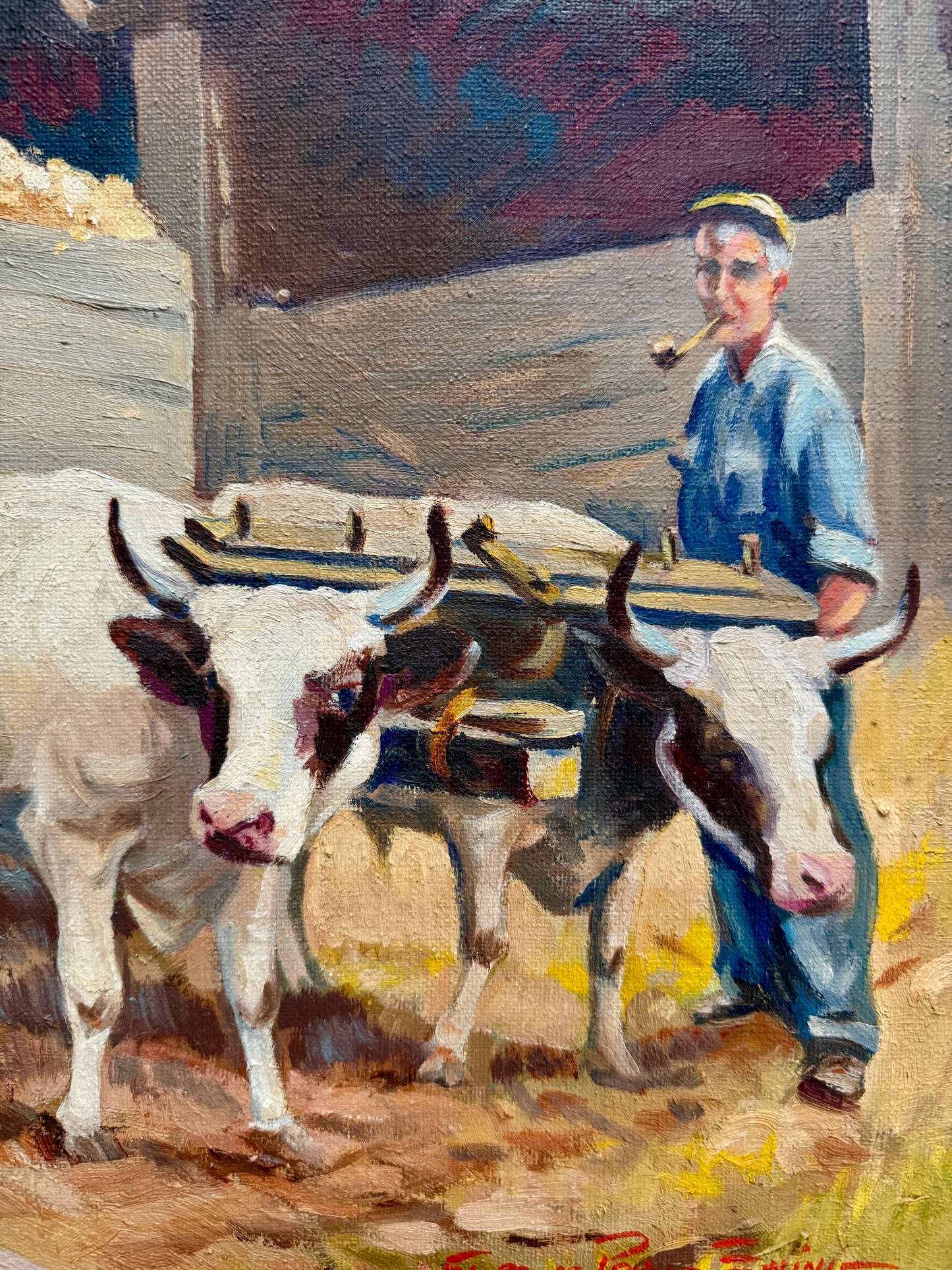 Florence Prince Ewing American Farm Scene with Cows in Wood Frame