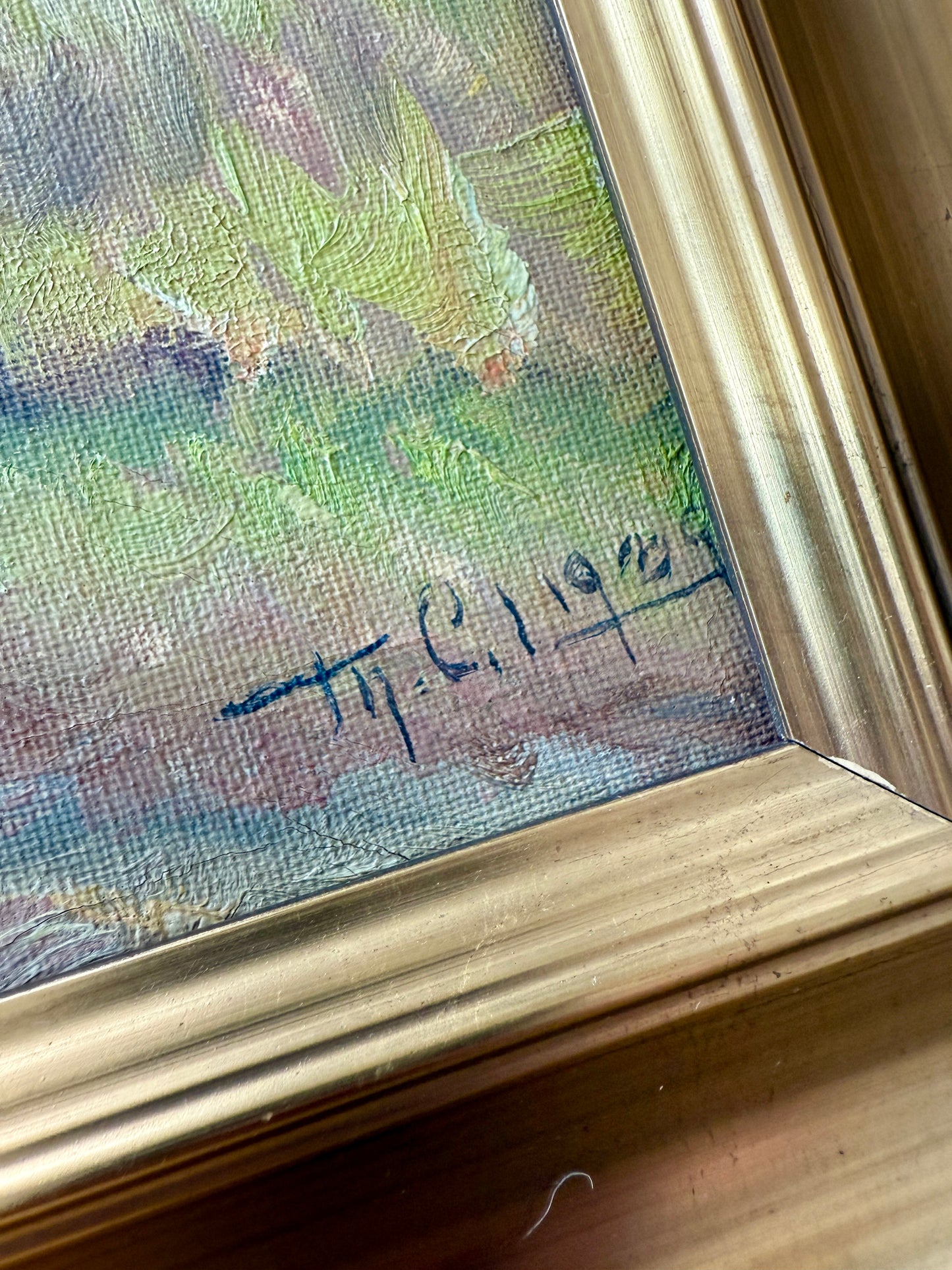 1939 Impressionist Wide Summer Country Landscape Oil Painting in Gold Frame