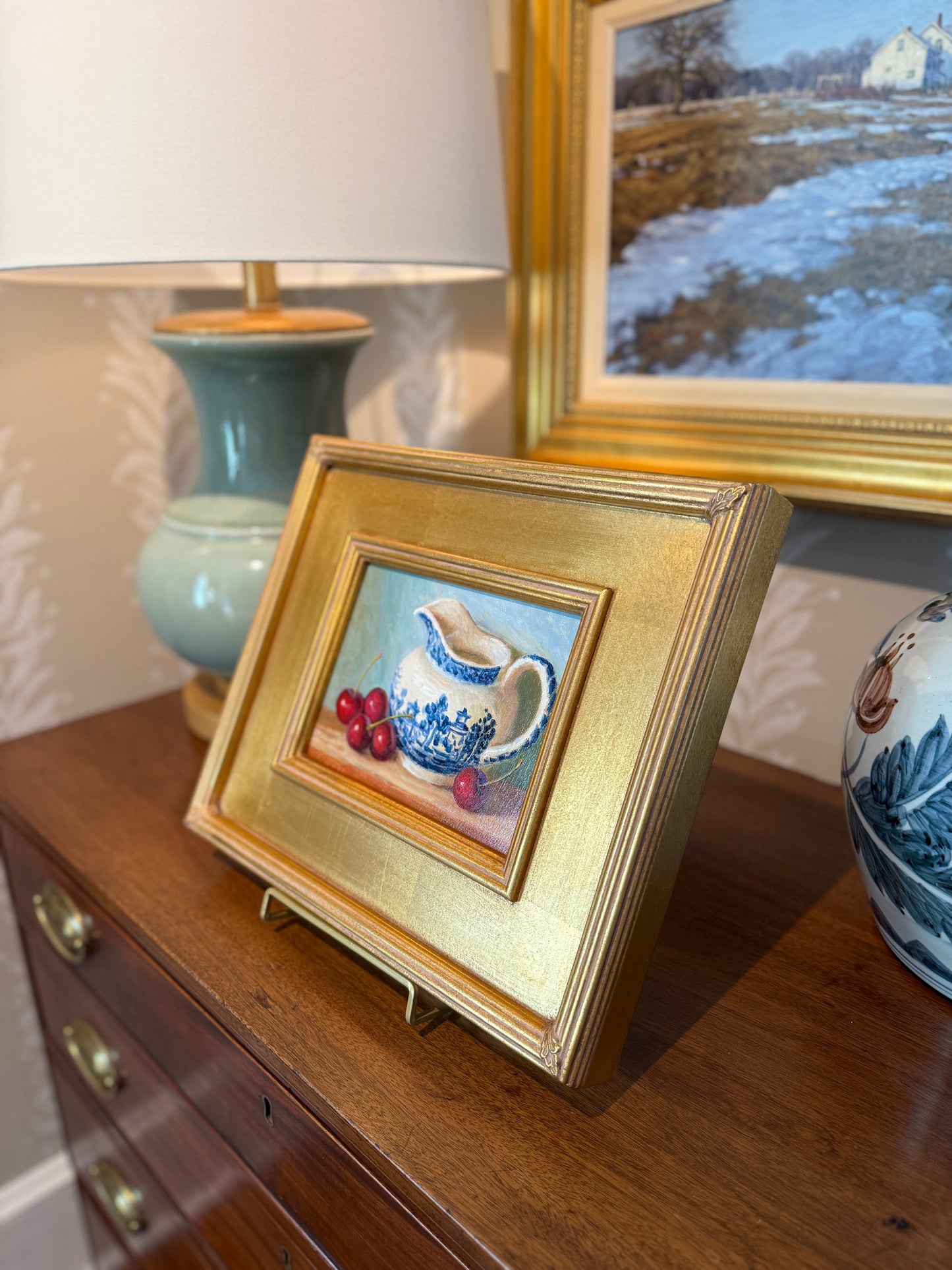 Youqing Wang Red Cherries with Blue and White Pitcher Still Life Oil Painting in Gold Frame