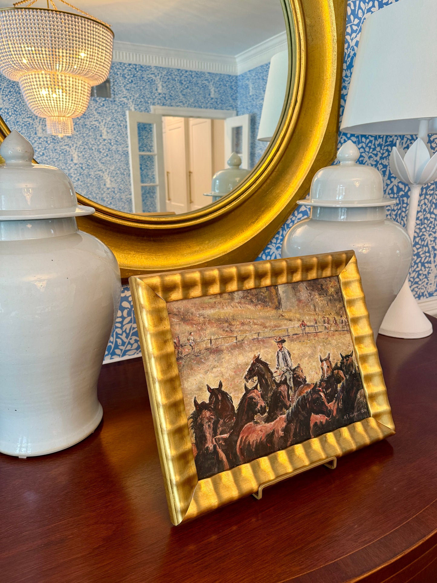 Henry E. Foster 1970 Rounding Up Cowboy and His Horses Painting in Wavy Gold Frame