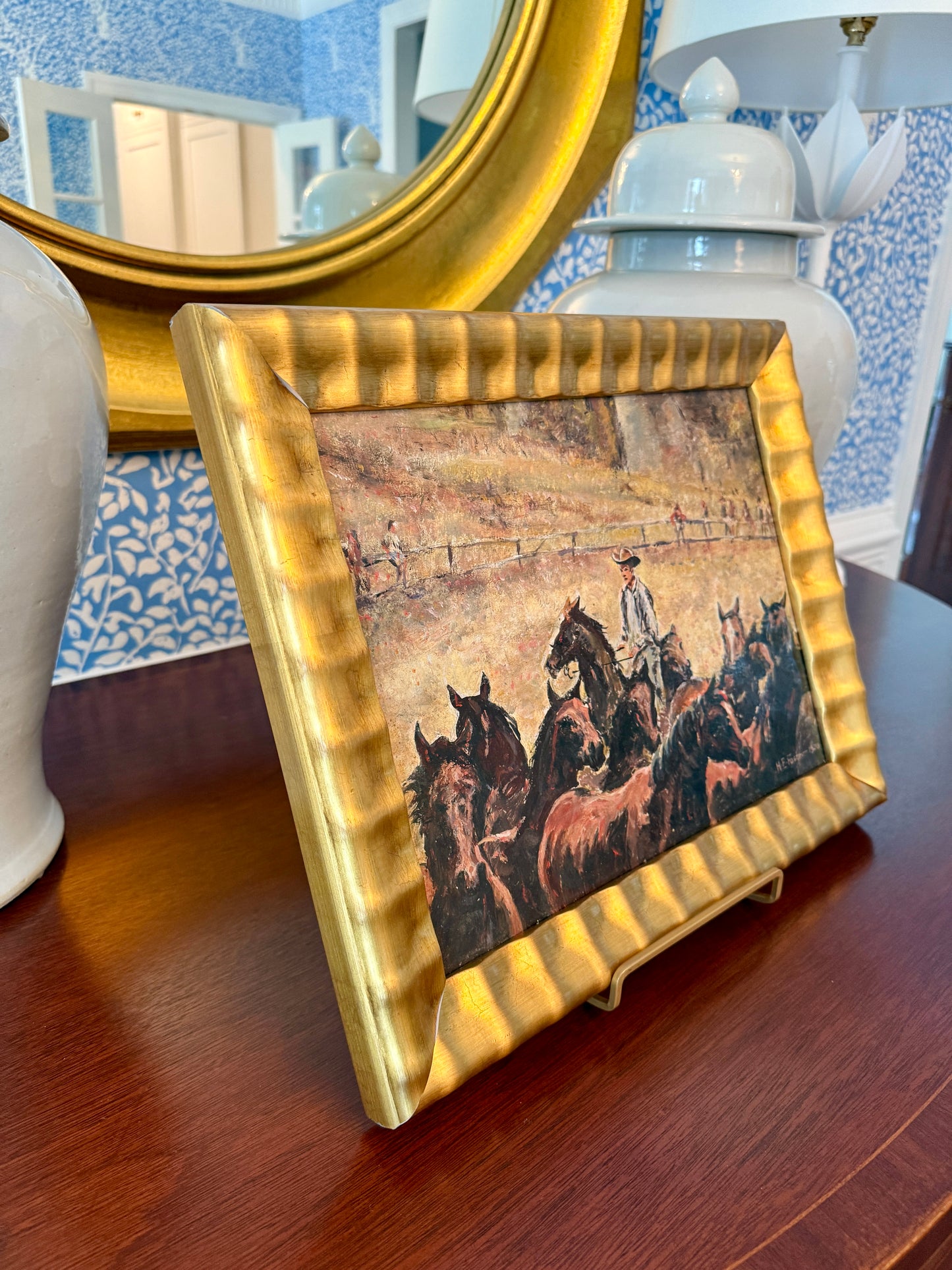 Henry E. Foster 1970 Rounding Up Cowboy and His Horses Painting in Wavy Gold Frame