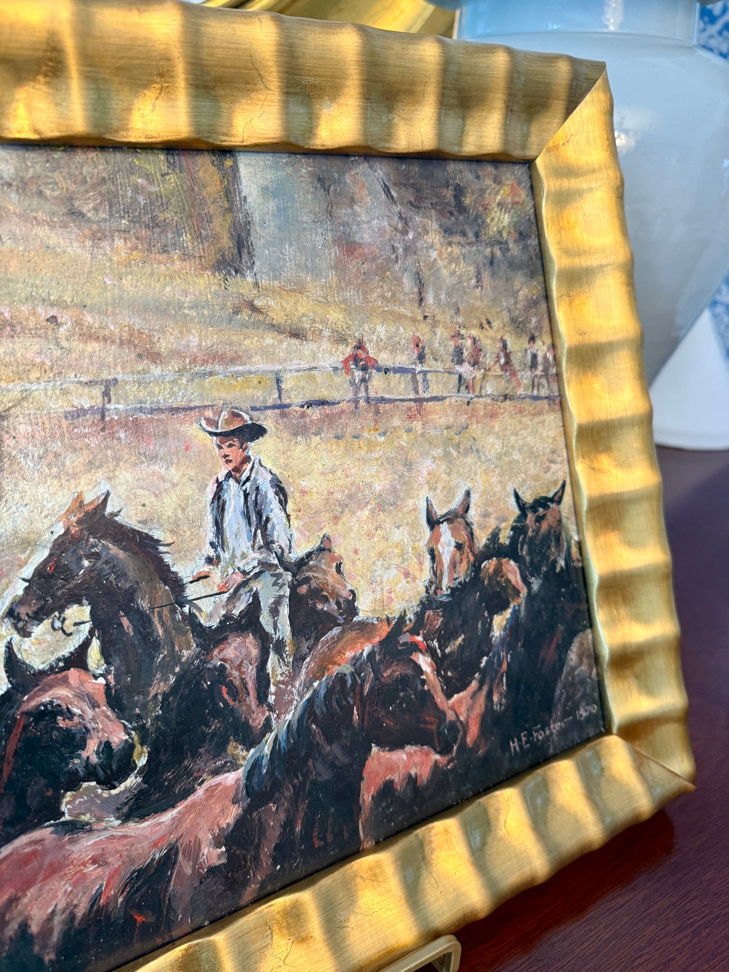 Henry E. Foster 1970 Rounding Up Cowboy and His Horses Painting in Wavy Gold Frame