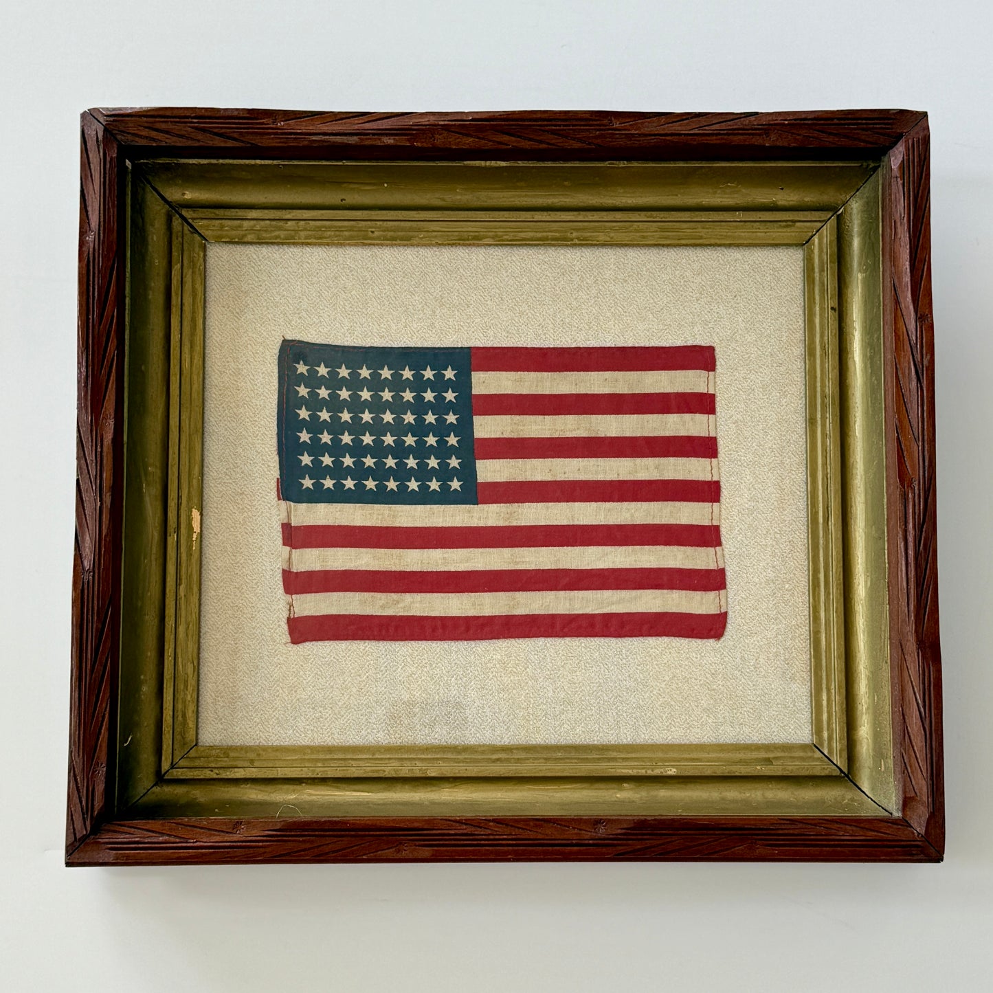 Vintage 48 Star American Flag on Neutral Tweed in 19th c. Carved Wood and Gilded Frame