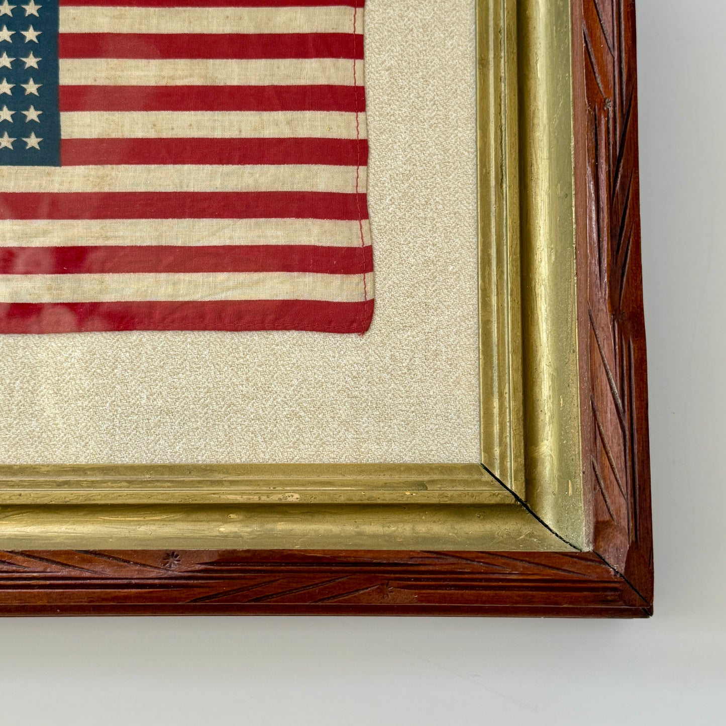 Vintage 48 Star American Flag on Neutral Tweed in 19th c. Carved Wood and Gilded Frame