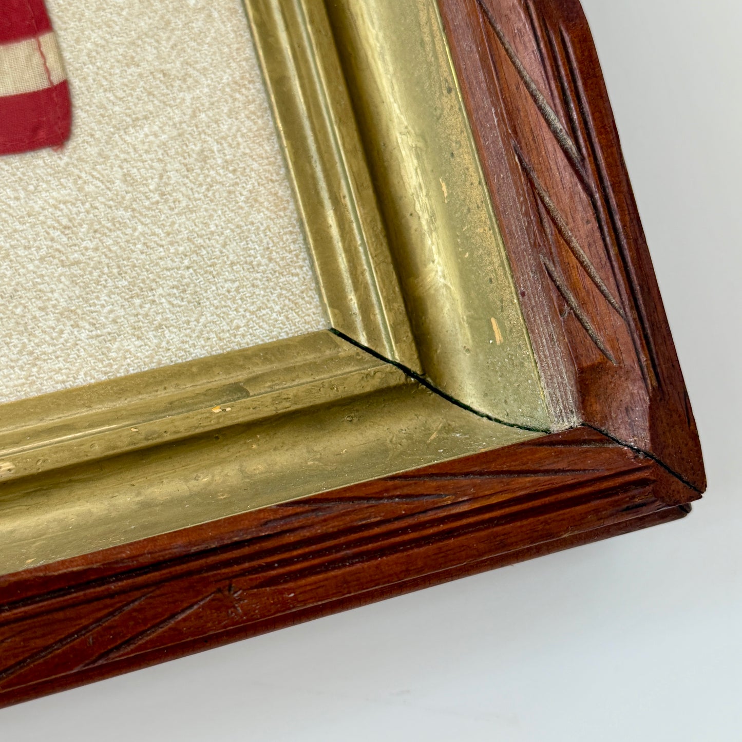 Vintage 48 Star American Flag on Neutral Tweed in 19th c. Carved Wood and Gilded Frame