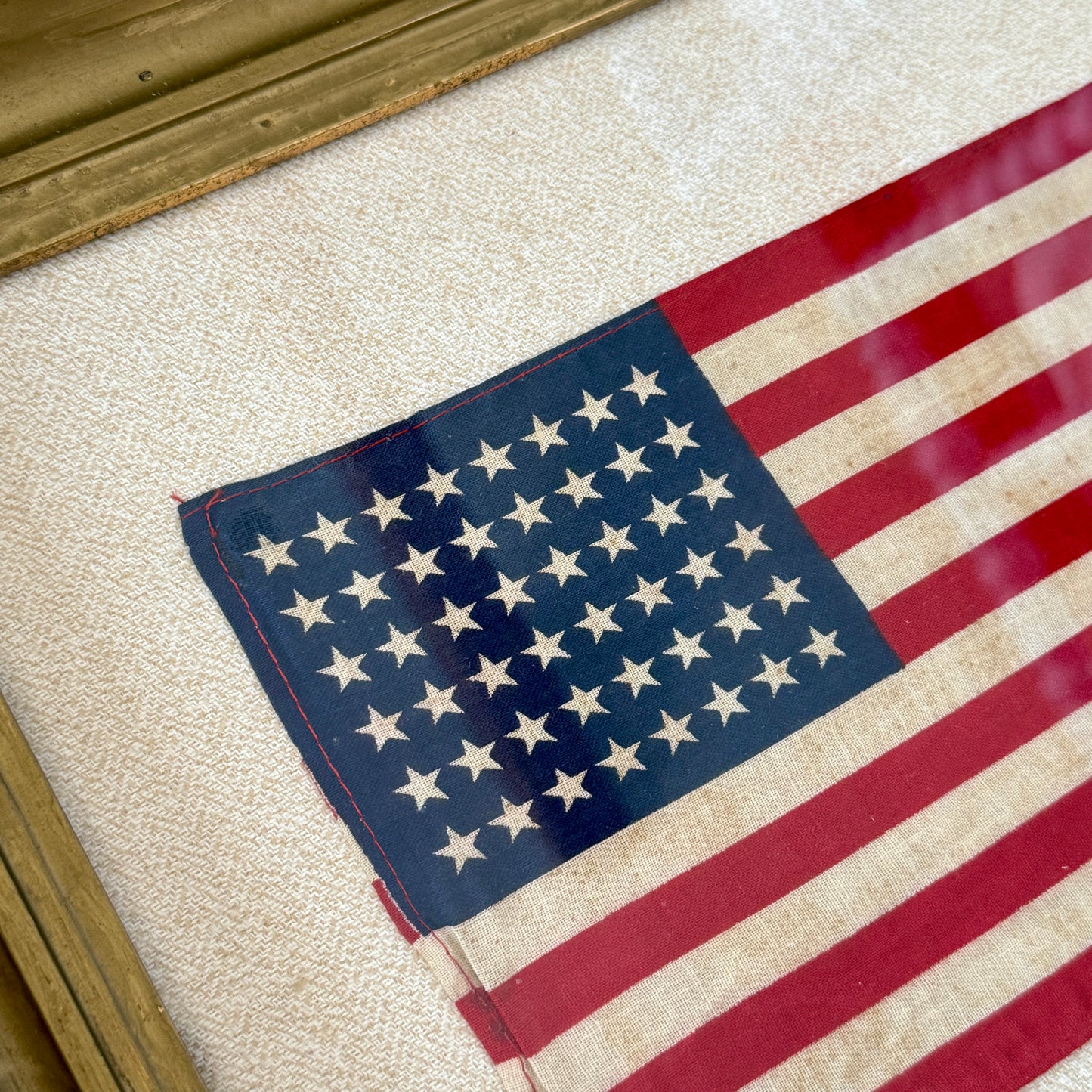 Vintage 48 Star American Flag on Neutral Tweed in 19th c. Carved Wood and Gilded Frame