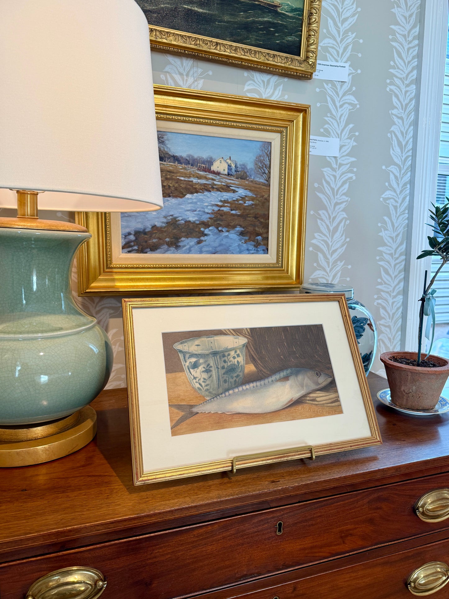 B.W. Rusch 19th Century Mackerel, Basket and Blue and White Bowl Still Life Watercolor Painting in Gold Frame