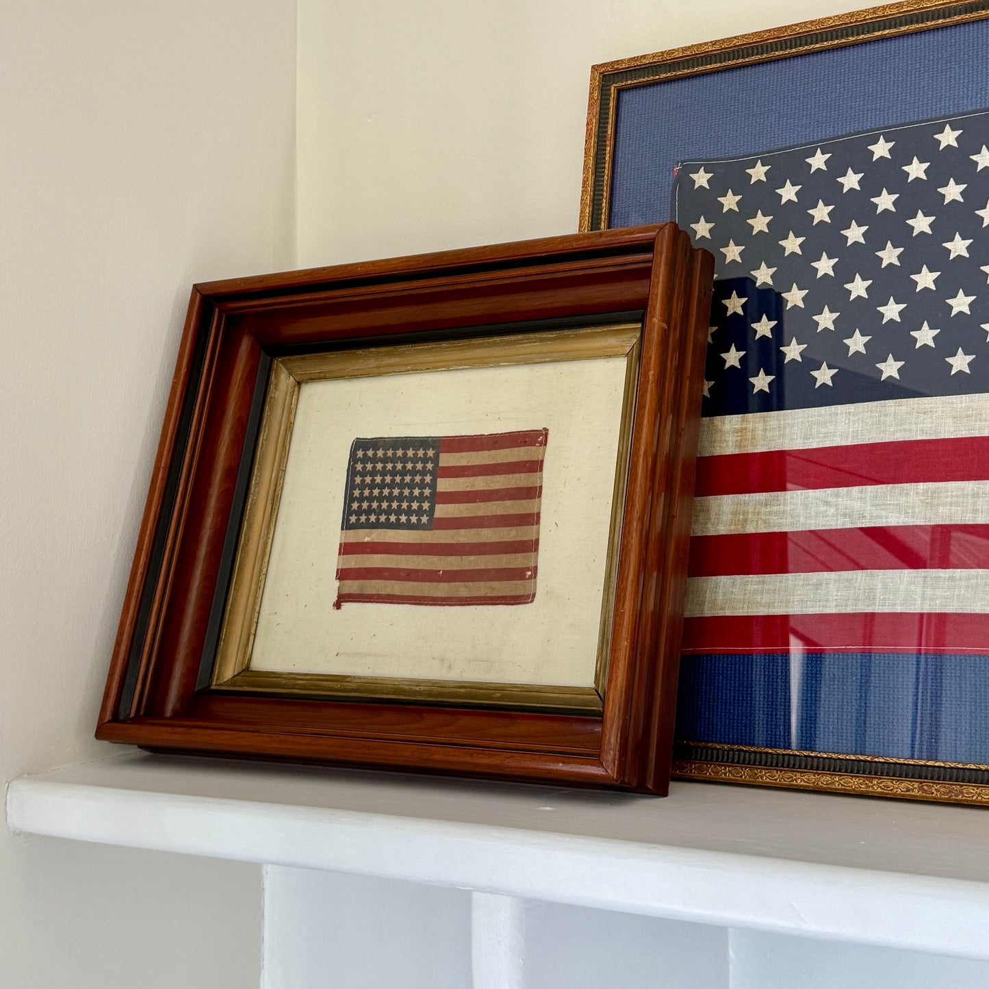 Vintage 48 Star American Flag on Ivory in 19th c. Wood and Gilded Frame