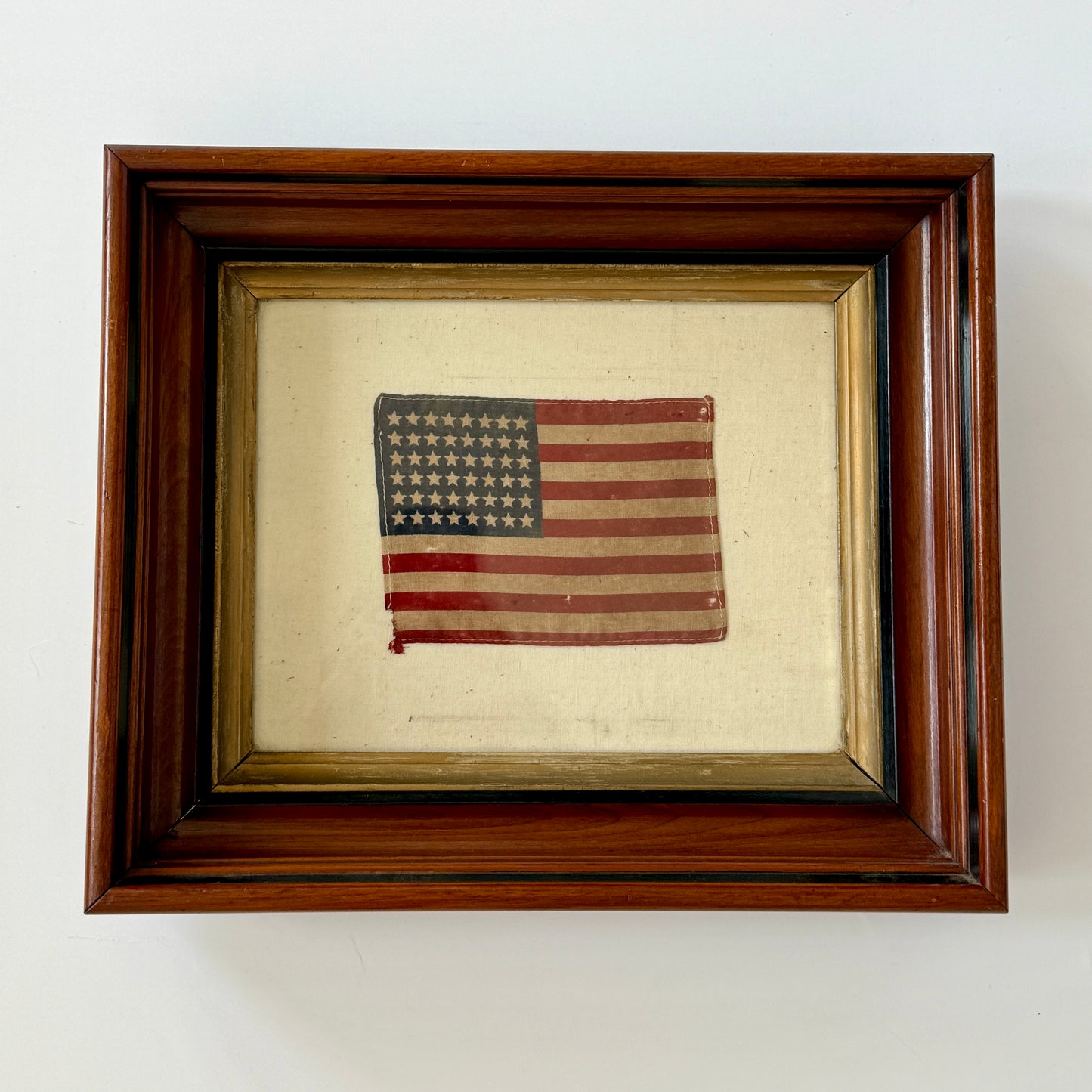 Vintage 48 Star American Flag on Ivory in 19th c. Wood and Gilded Frame