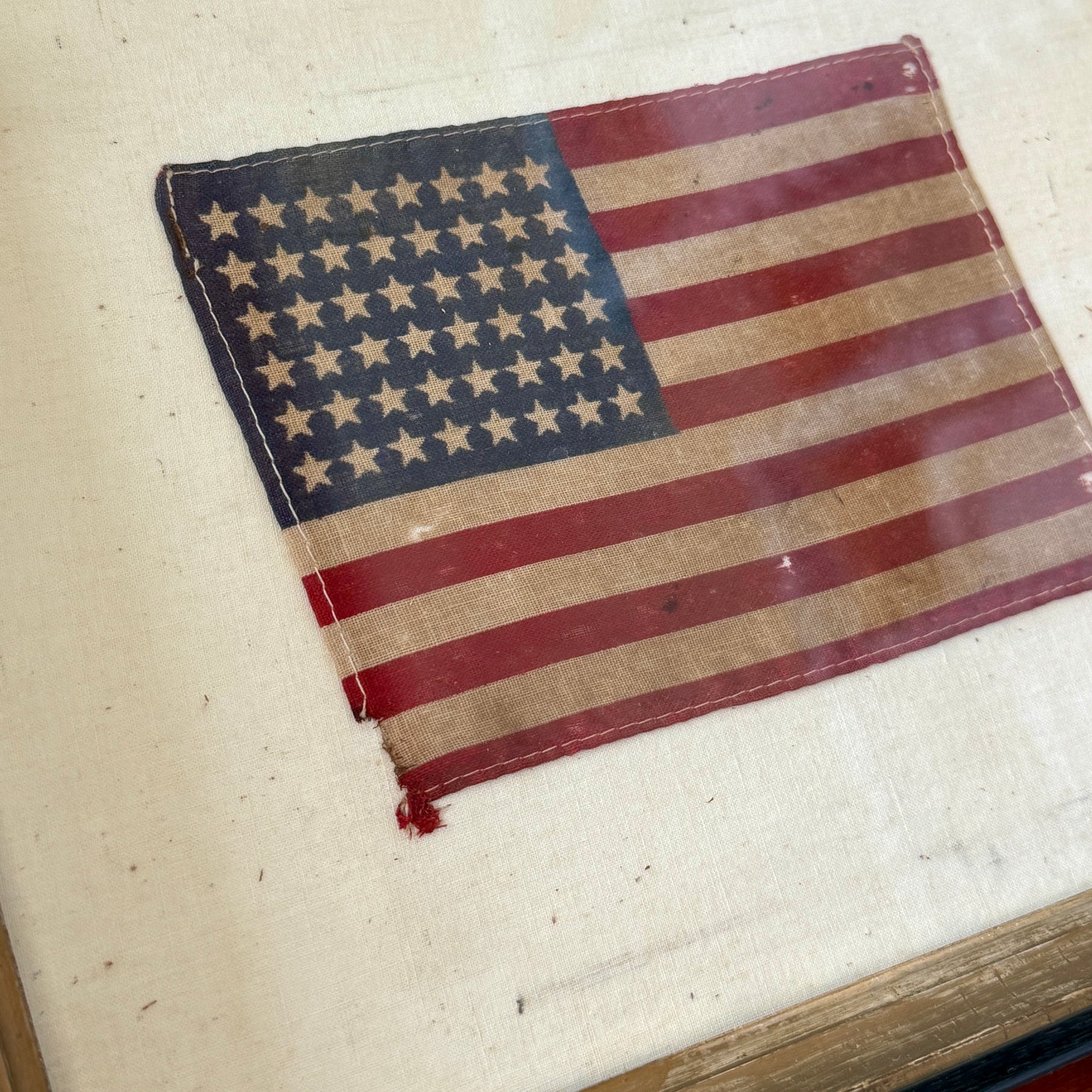 Vintage 48 Star American Flag on Ivory in 19th c. Wood and Gilded Frame