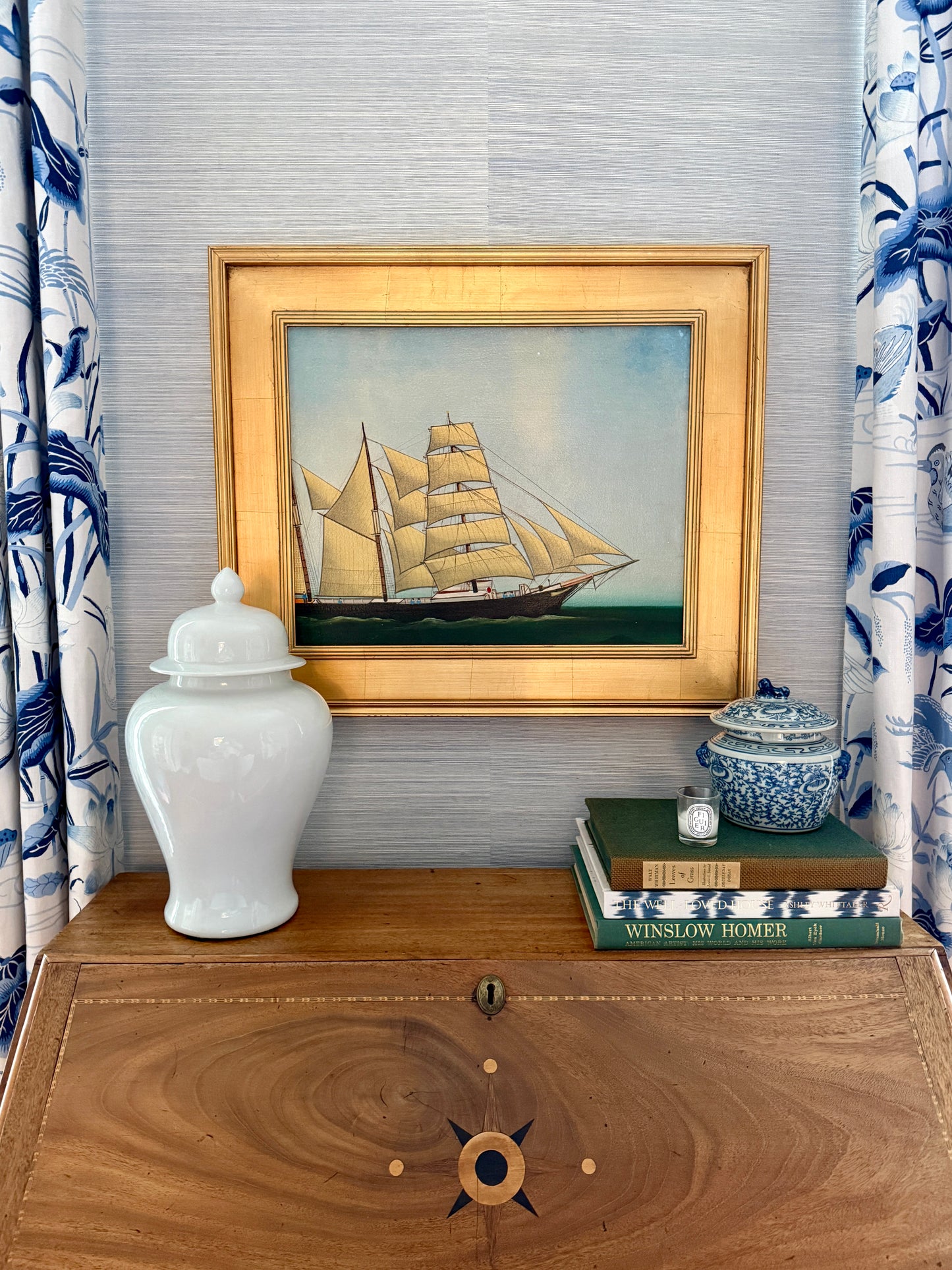 Paul Kitchin American Folk Art Sailboat Portrait Oil Painting in Gold Frame