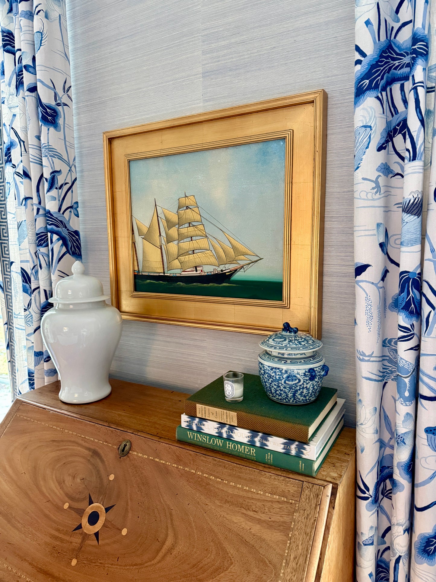 Paul Kitchin American Folk Art Sailboat Portrait Oil Painting in Gold Frame