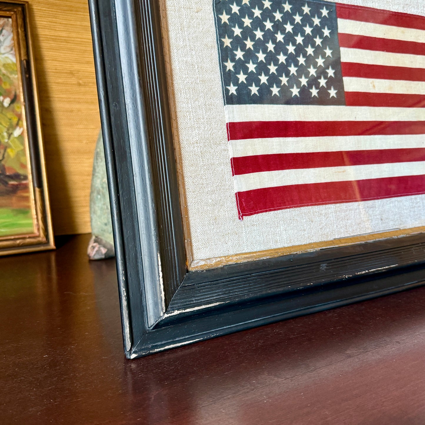 50 Star American Flag on Natural Linen in Antique Black and Gilded Frame