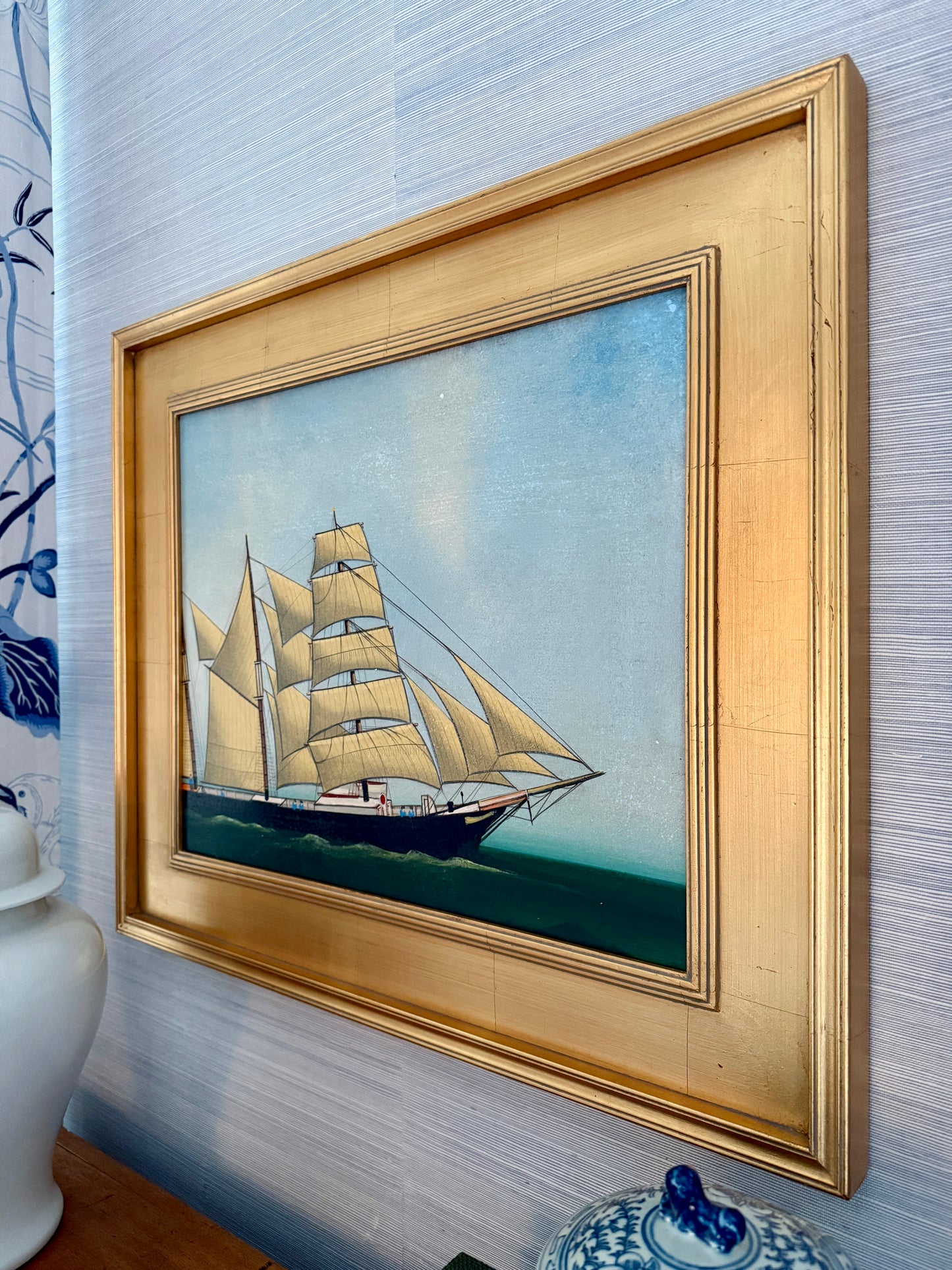 Paul Kitchin American Folk Art Sailboat Portrait Oil Painting in Gold Frame