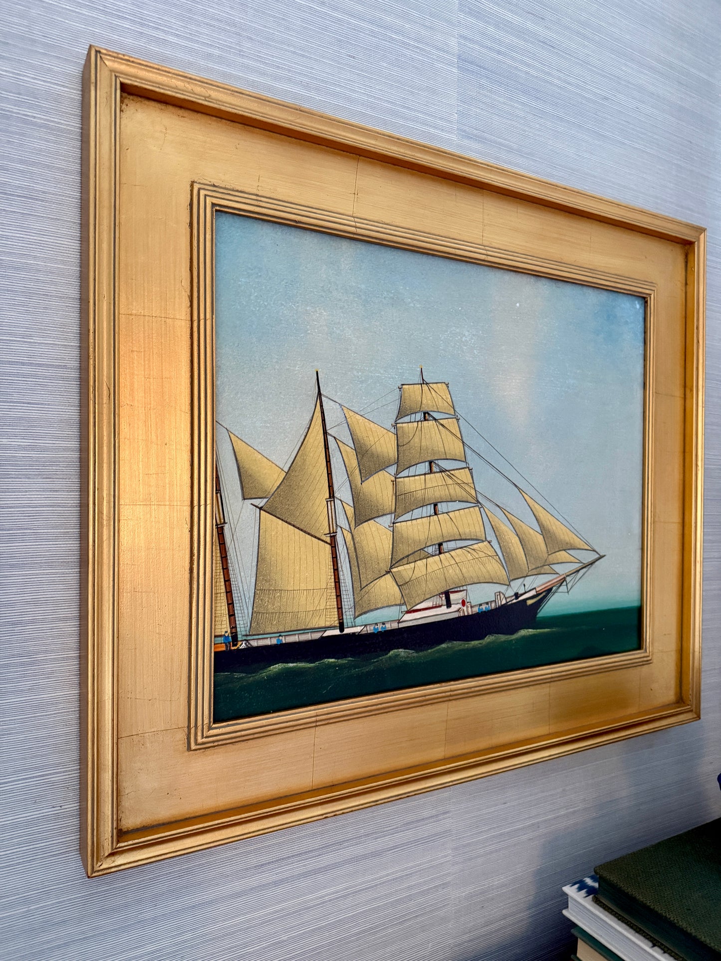 Paul Kitchin American Folk Art Sailboat Portrait Oil Painting in Gold Frame