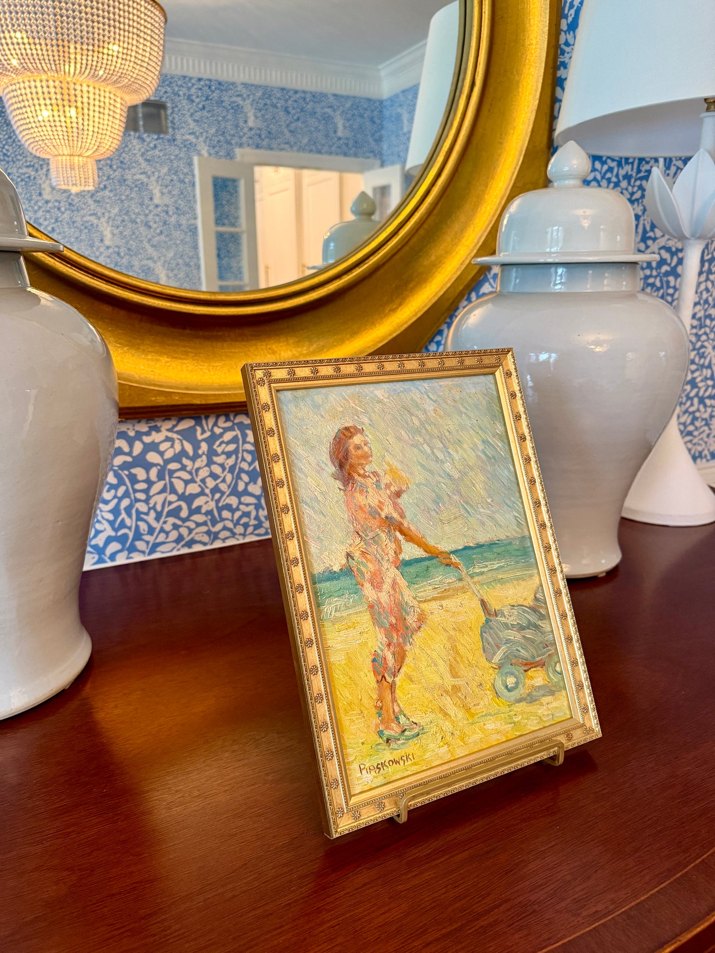 Vintage Mother and Child Beach Walk Impressionist Oil Painting Portrait in Gold Flowered Frame