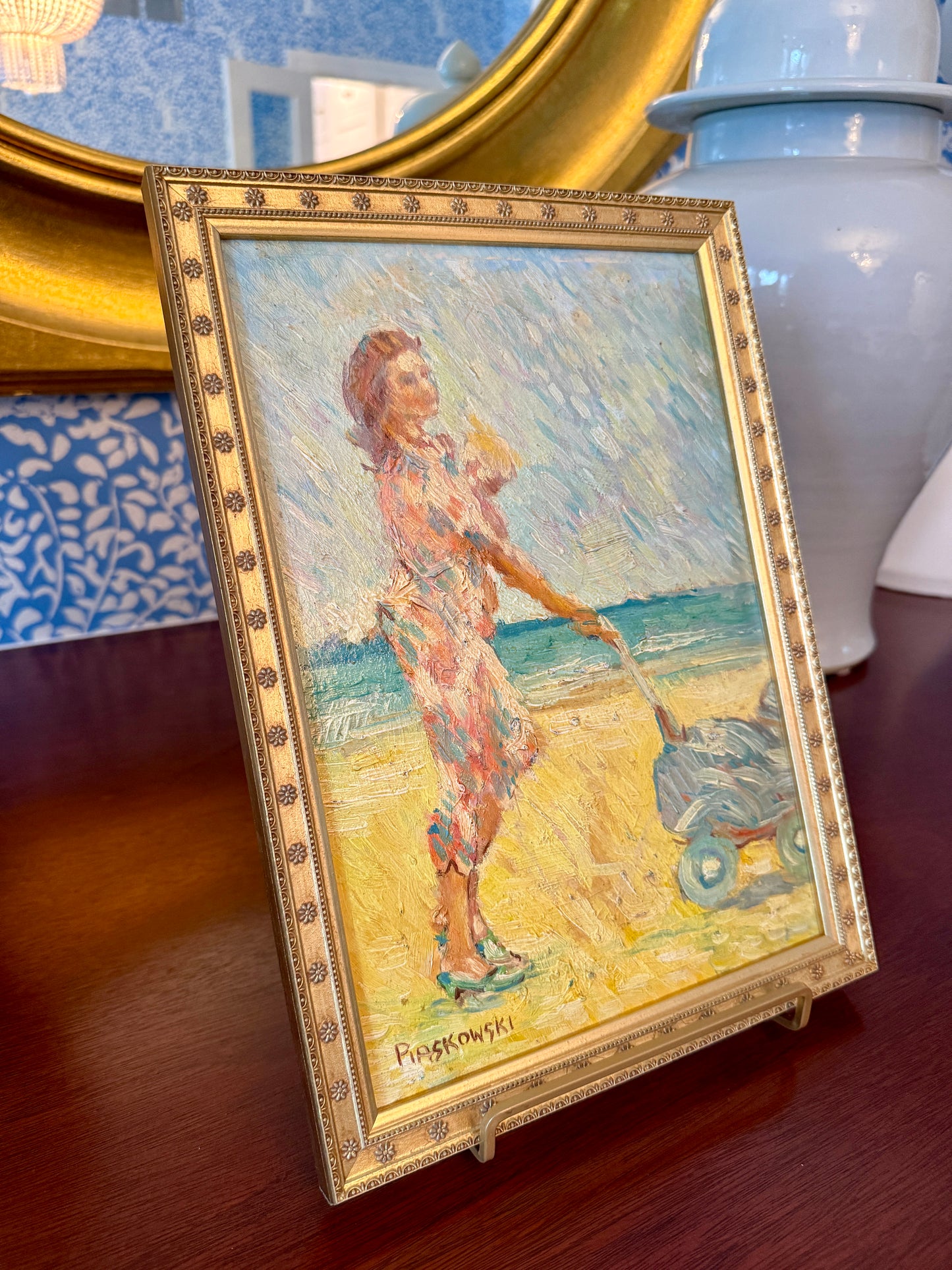 Vintage Mother and Child Beach Walk Impressionist Oil Painting Portrait in Gold Flowered Frame