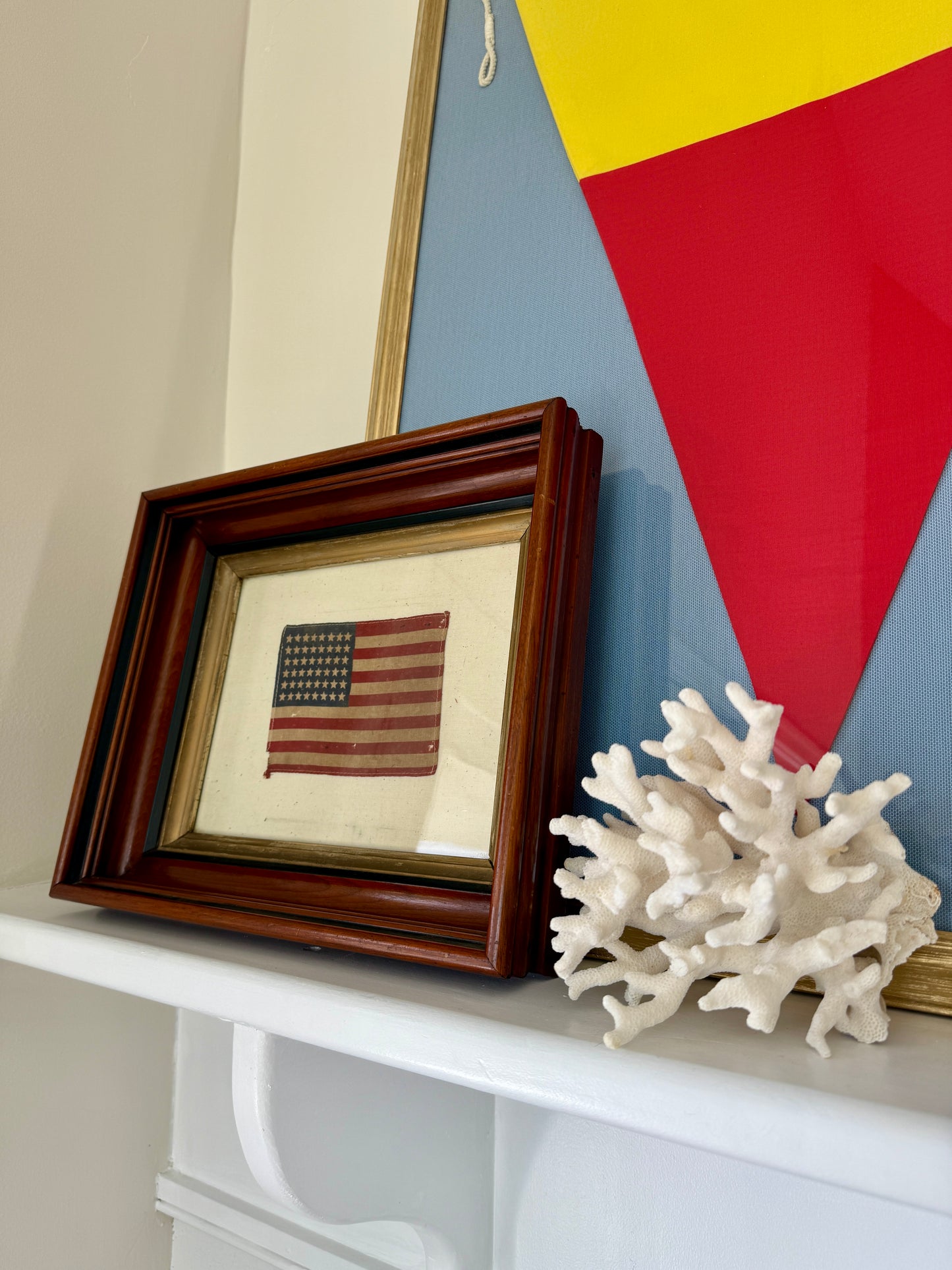 Vintage 48 Star American Flag on Ivory in 19th c. Wood and Gilded Frame