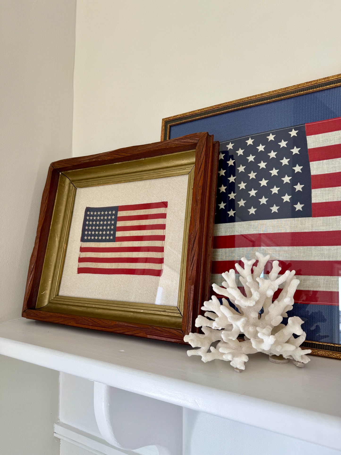 Vintage 48 Star American Flag on Neutral Tweed in 19th c. Carved Wood and Gilded Frame