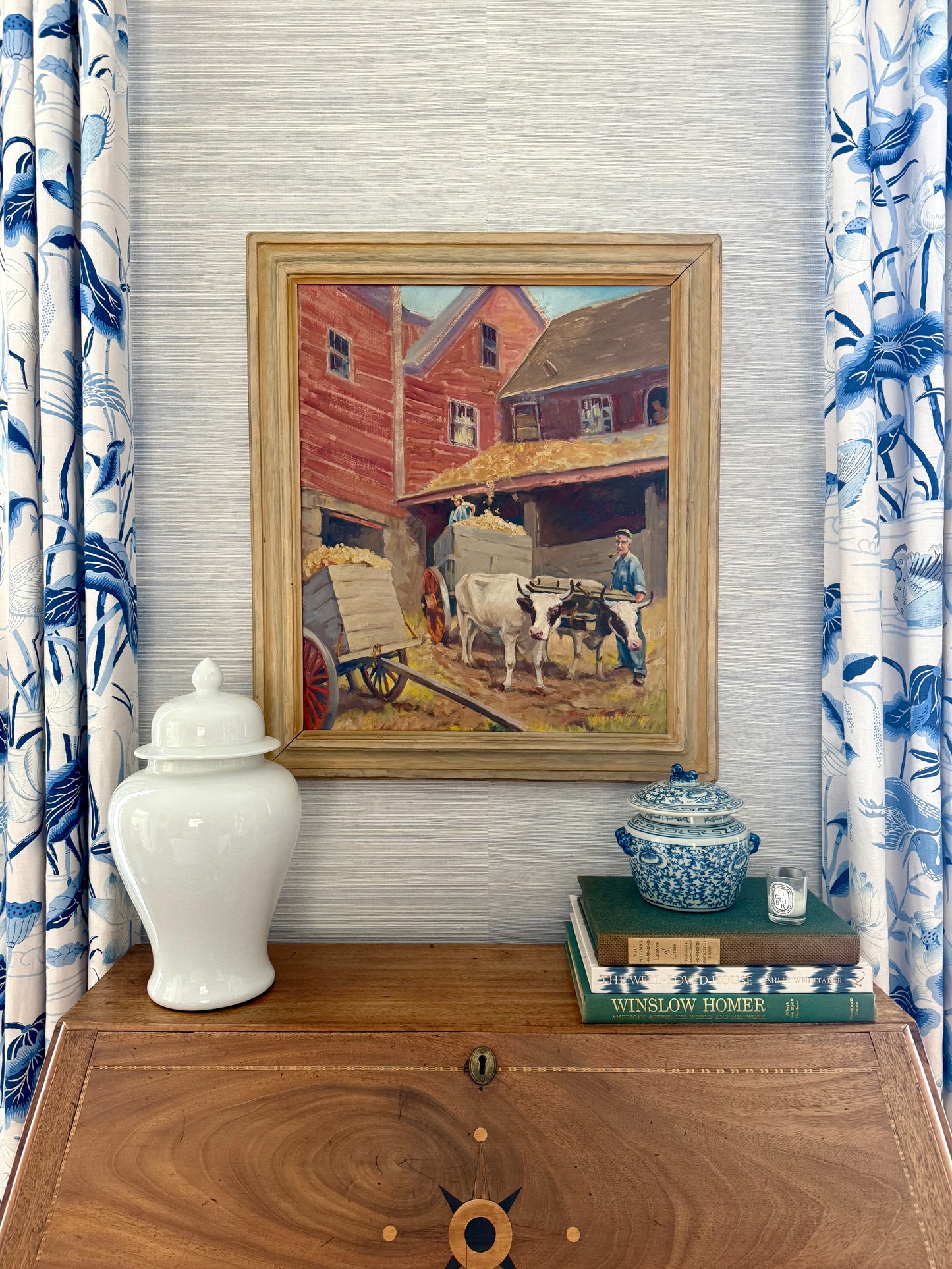 Florence Prince Ewing American Farm Scene with Cows in Wood Frame