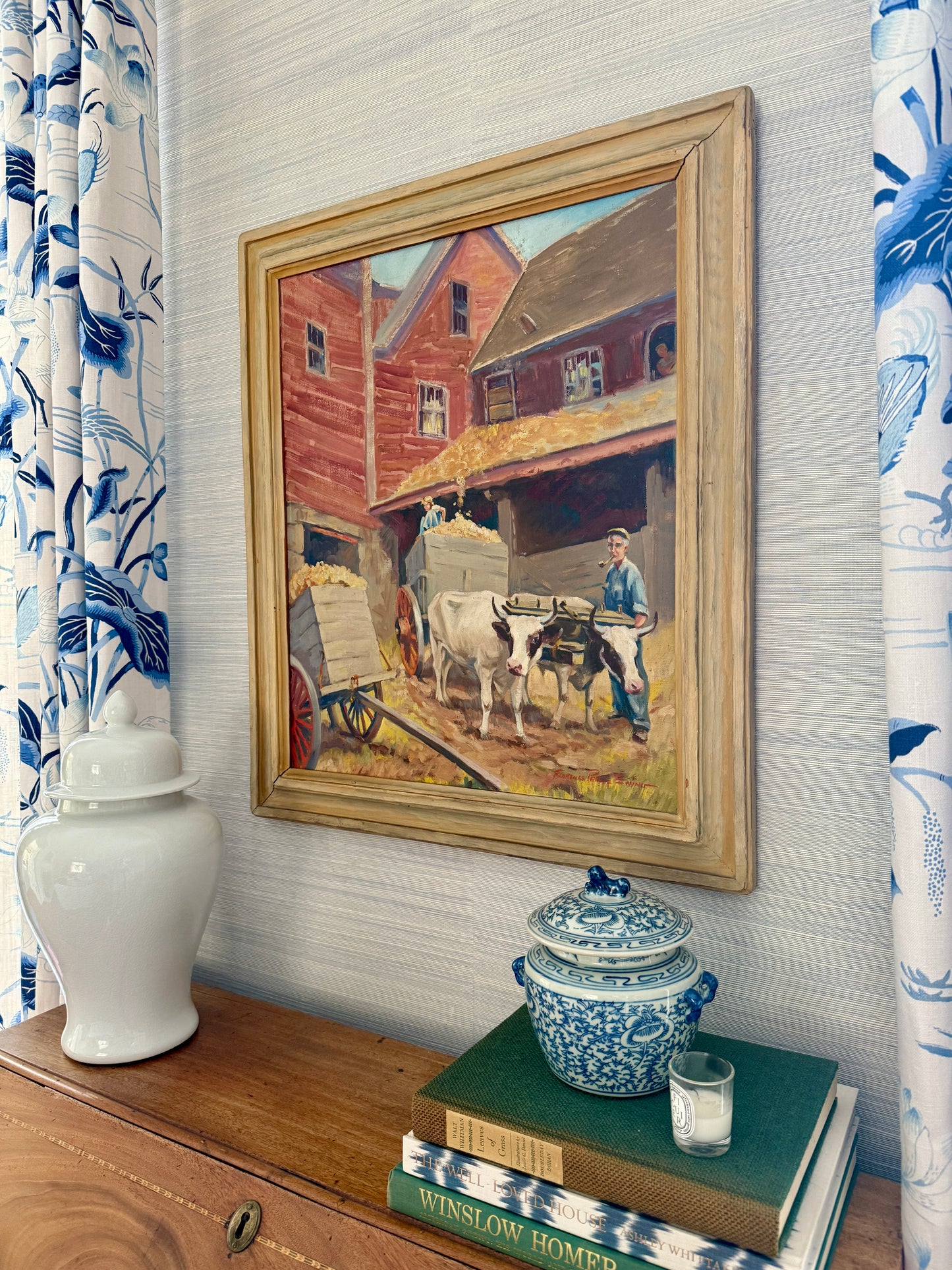 Florence Prince Ewing American Farm Scene with Cows in Wood Frame