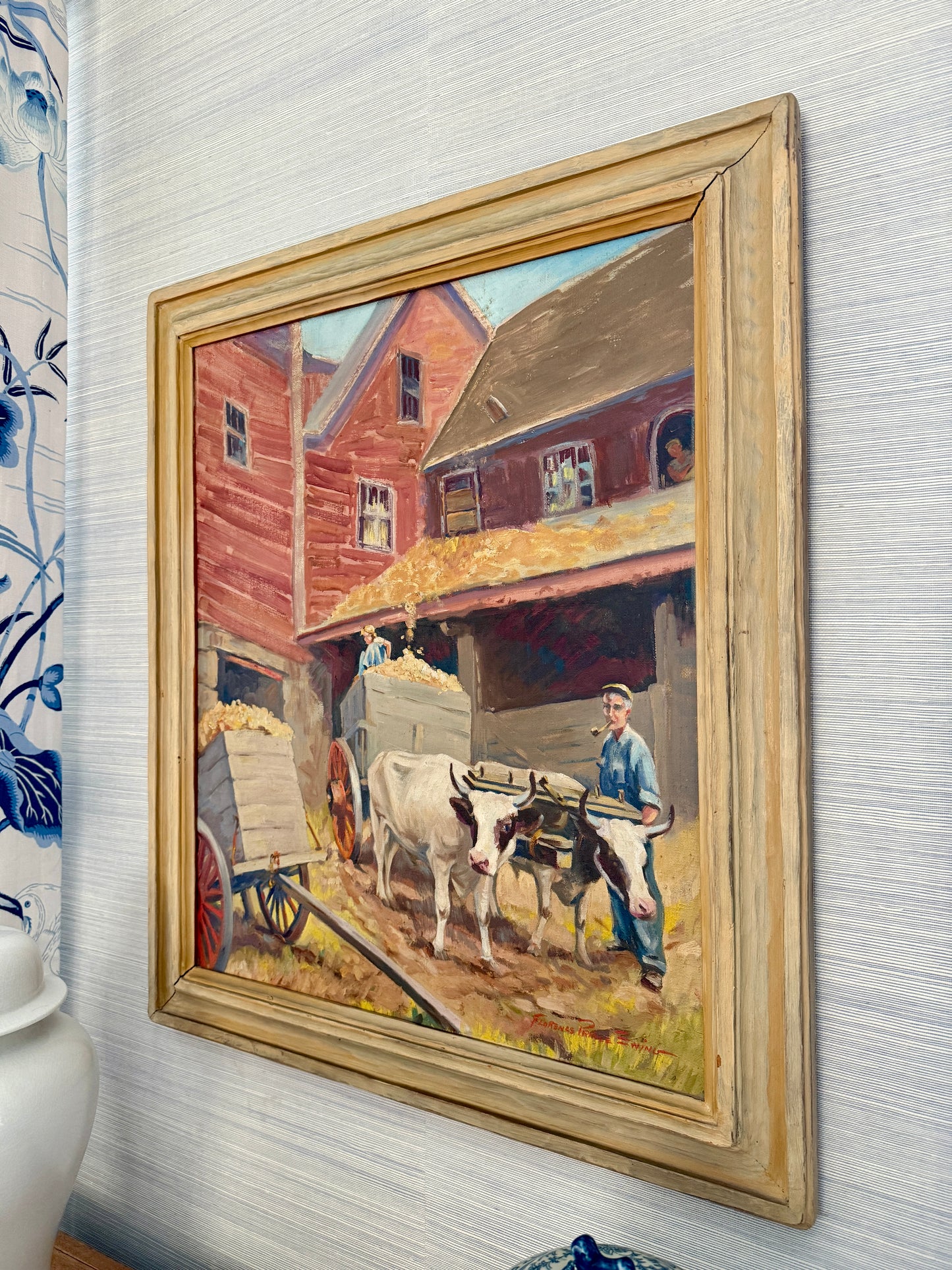 Florence Prince Ewing American Farm Scene with Cows in Wood Frame