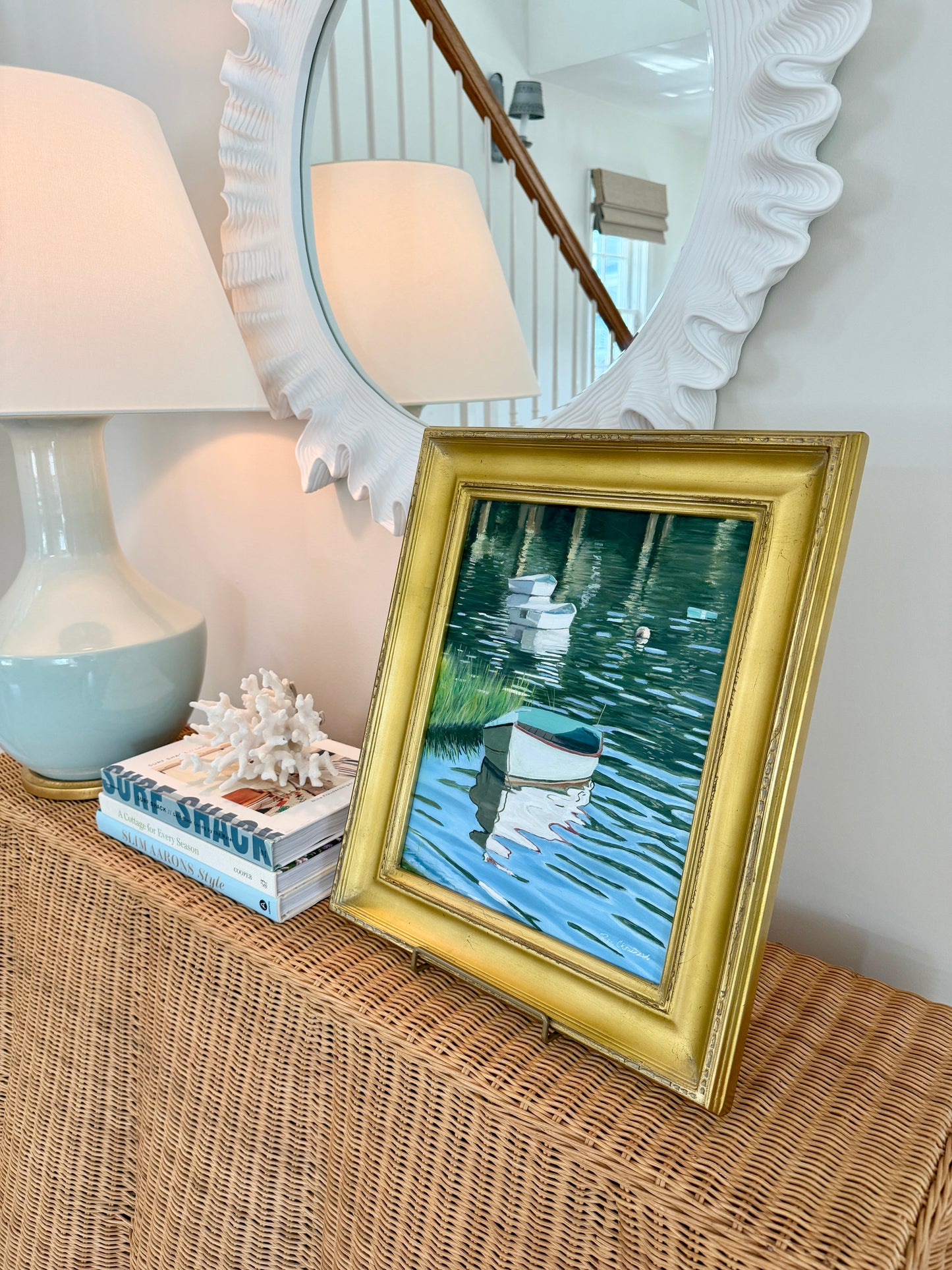 Ron Chouinard Floating Boats in Quissett Harbor Cape Cod Painting in Gold Frame