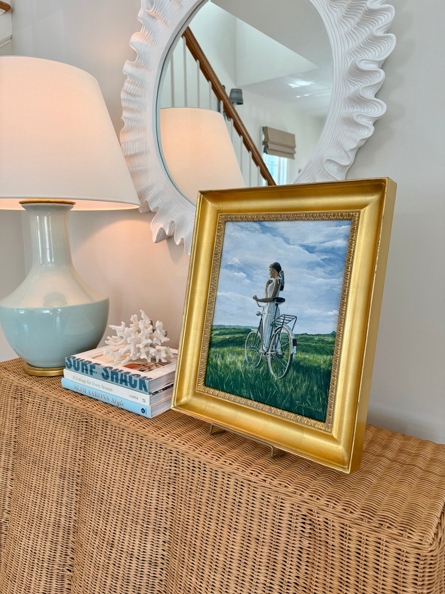 Ron Chouinard Portrait of Woman on Bike in Coastal Dunes Painting in Gold Frame