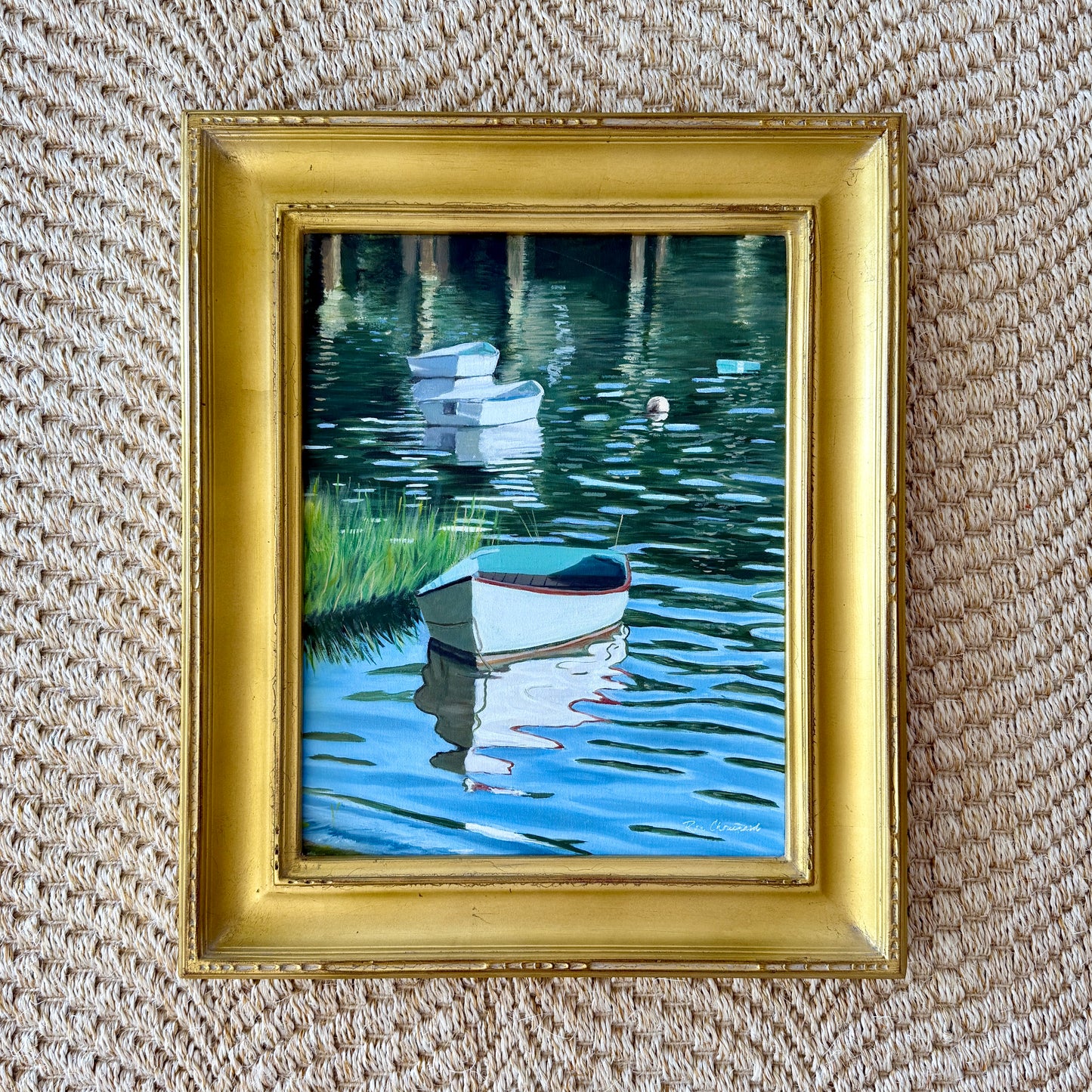 Ron Chouinard Floating Boats in Quissett Harbor Cape Cod Painting in Gold Frame