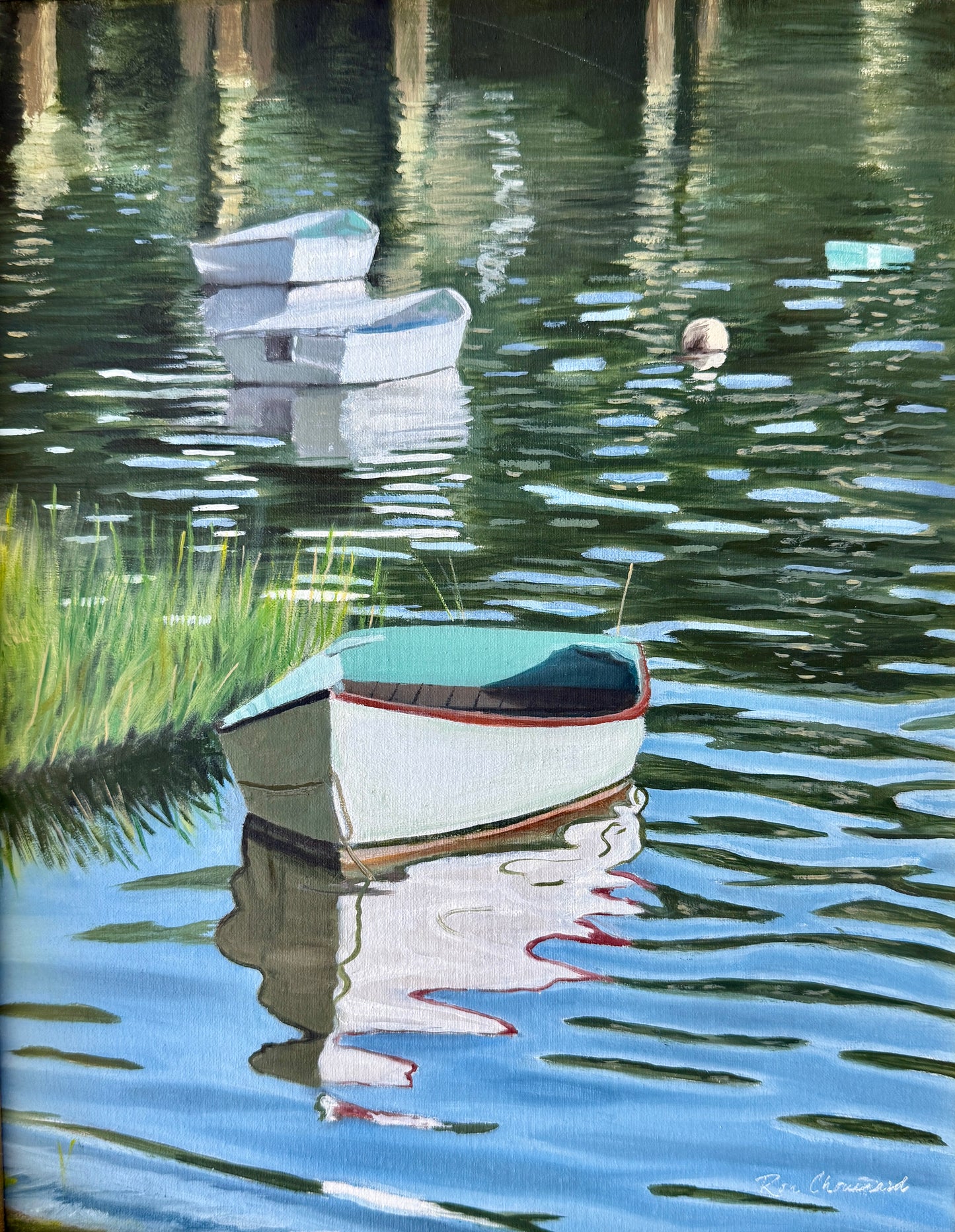 Ron Chouinard Floating Boats in Quissett Harbor Cape Cod Painting in Gold Frame