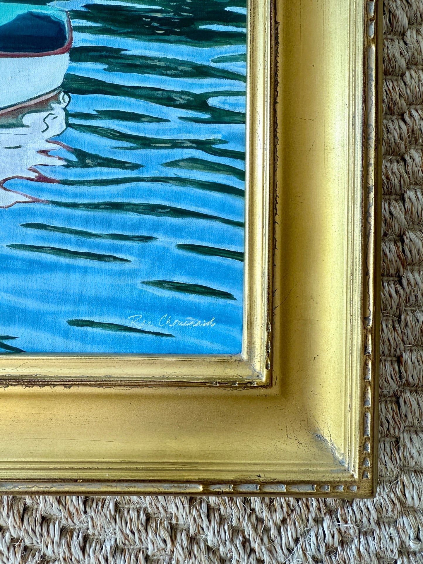 Ron Chouinard Floating Boats in Quissett Harbor Cape Cod Painting in Gold Frame