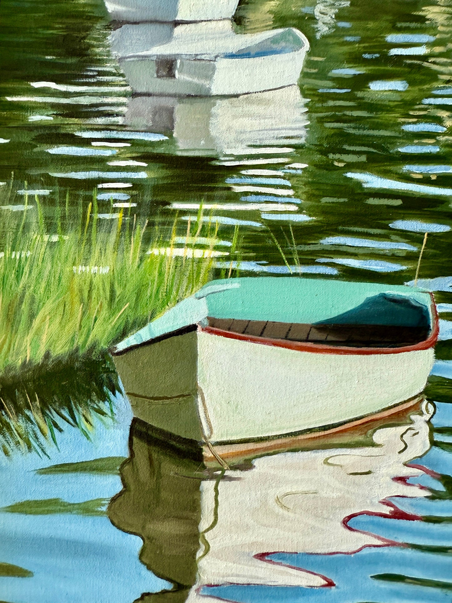 Ron Chouinard Floating Boats in Quissett Harbor Cape Cod Painting in Gold Frame