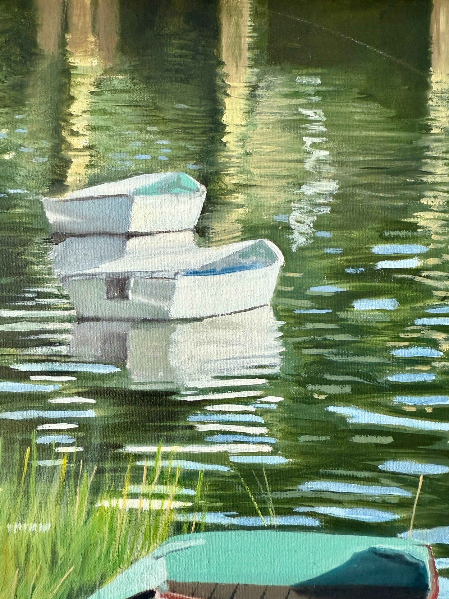 Ron Chouinard Floating Boats in Quissett Harbor Cape Cod Painting in Gold Frame