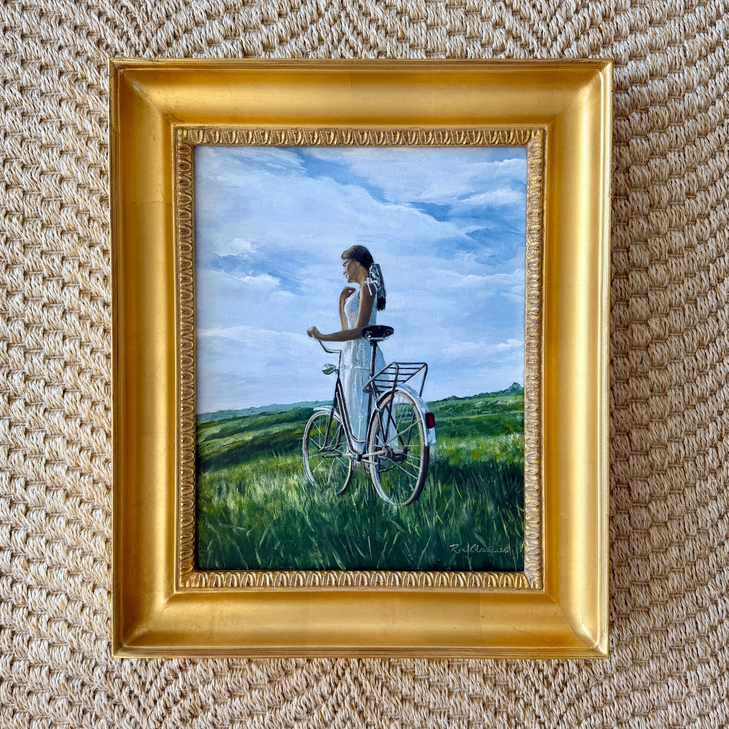 Ron Chouinard Portrait of Woman on Bike in Coastal Dunes Painting in Gold Frame