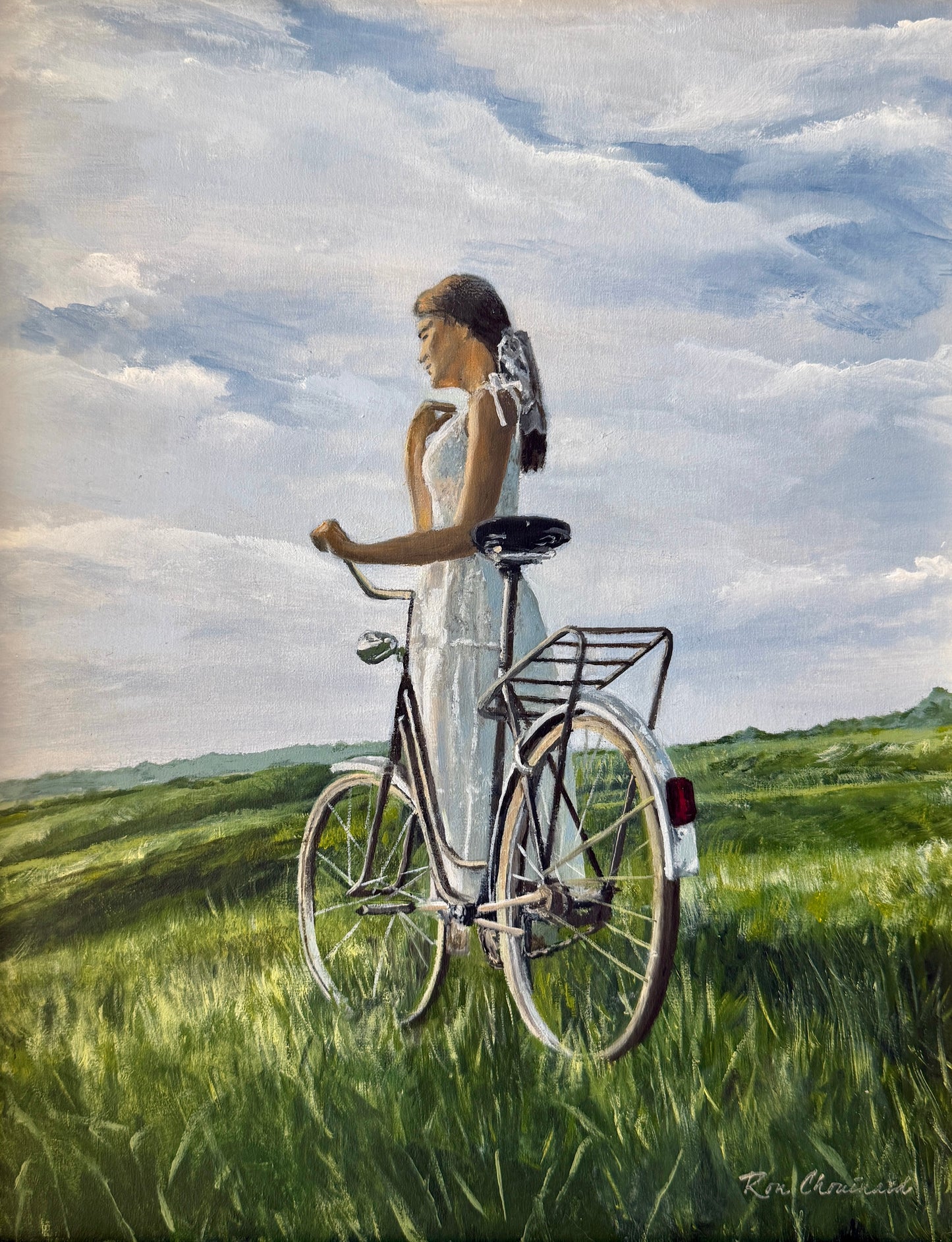Ron Chouinard Portrait of Woman on Bike in Coastal Dunes Painting in Gold Frame
