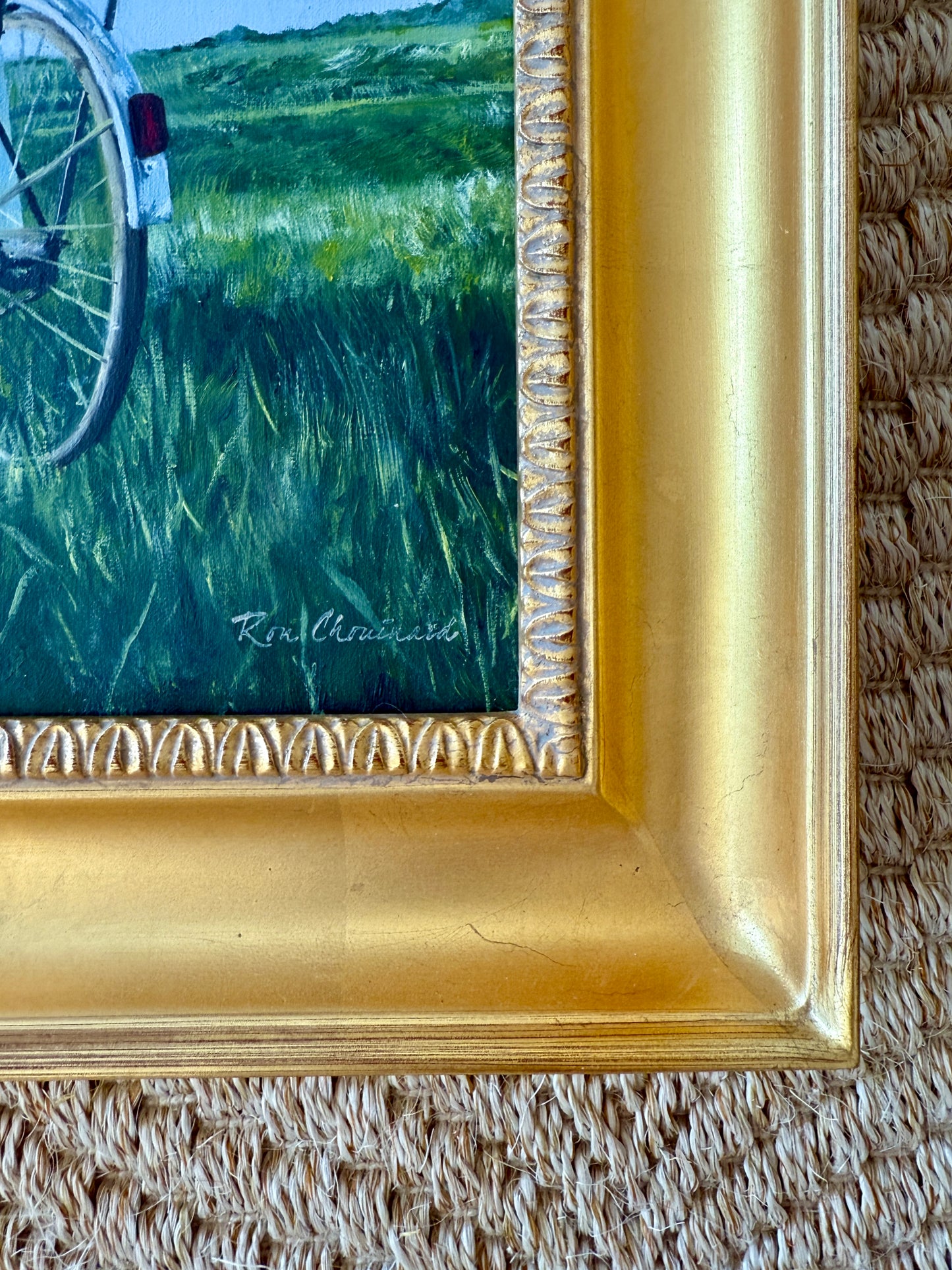 Ron Chouinard Portrait of Woman on Bike in Coastal Dunes Painting in Gold Frame