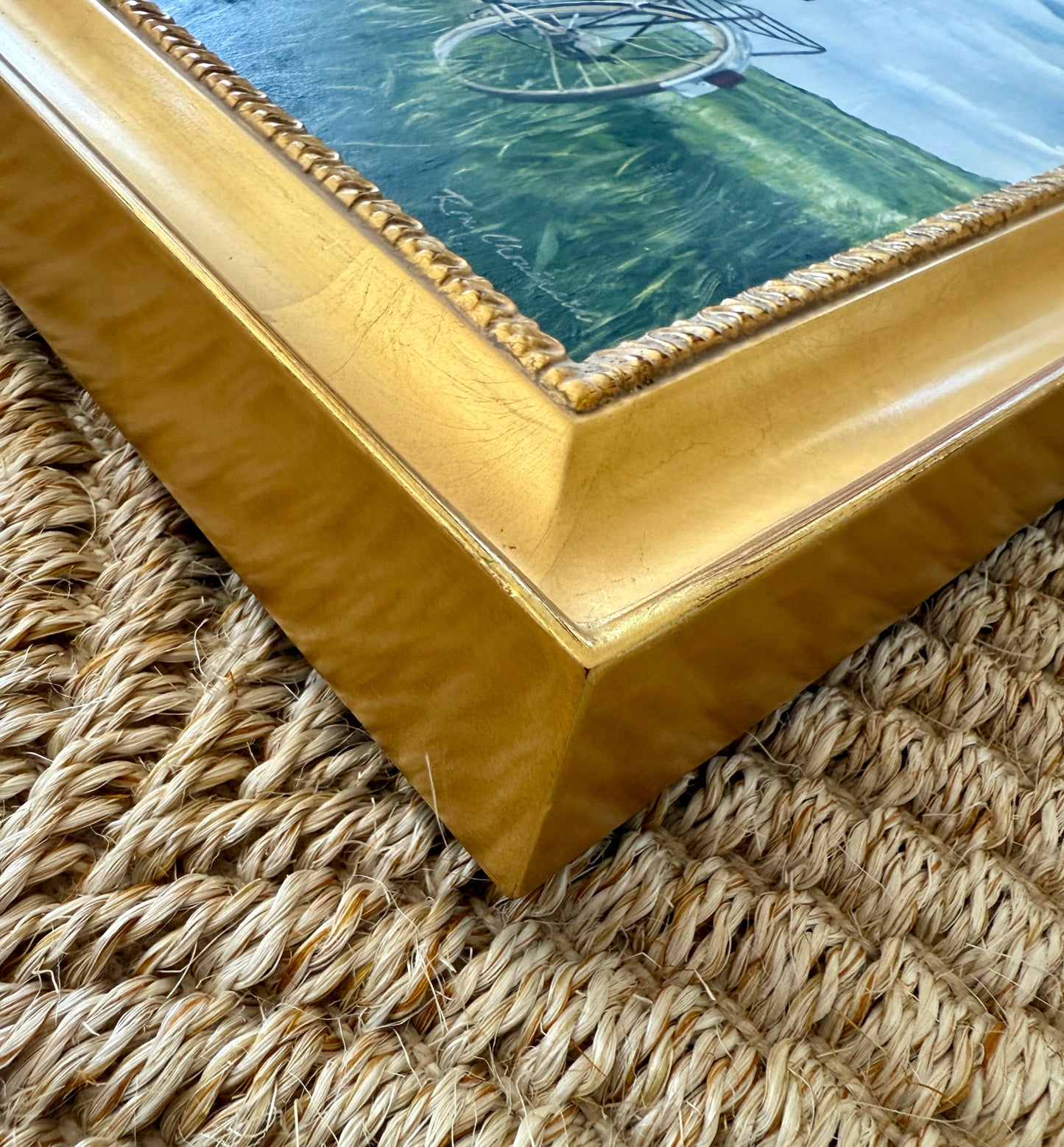 Ron Chouinard Portrait of Woman on Bike in Coastal Dunes Painting in Gold Frame