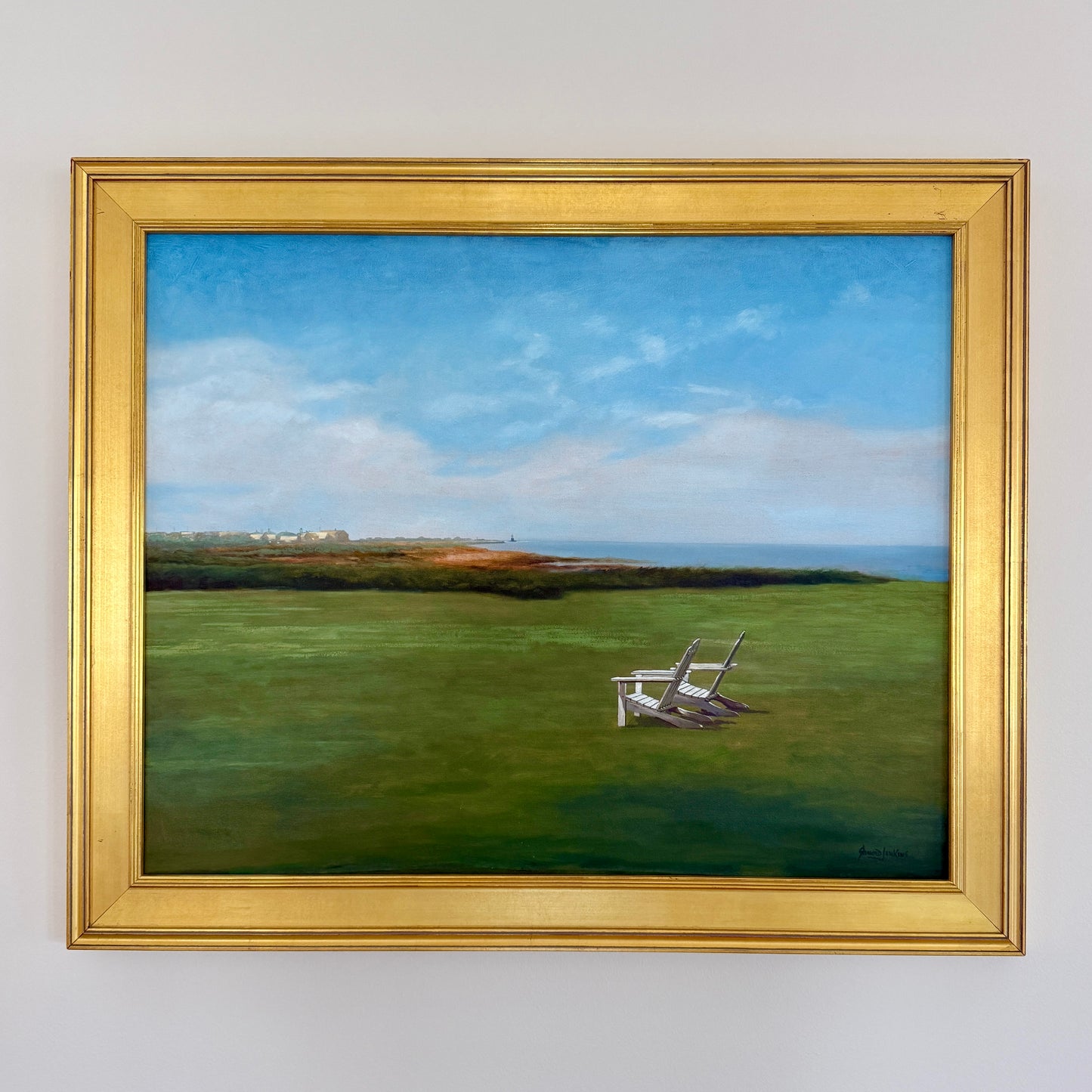 Shawn D. Jenkins For Two Lovers Seaside Adironack Chair Lookout Oil Painting in Gold Frame