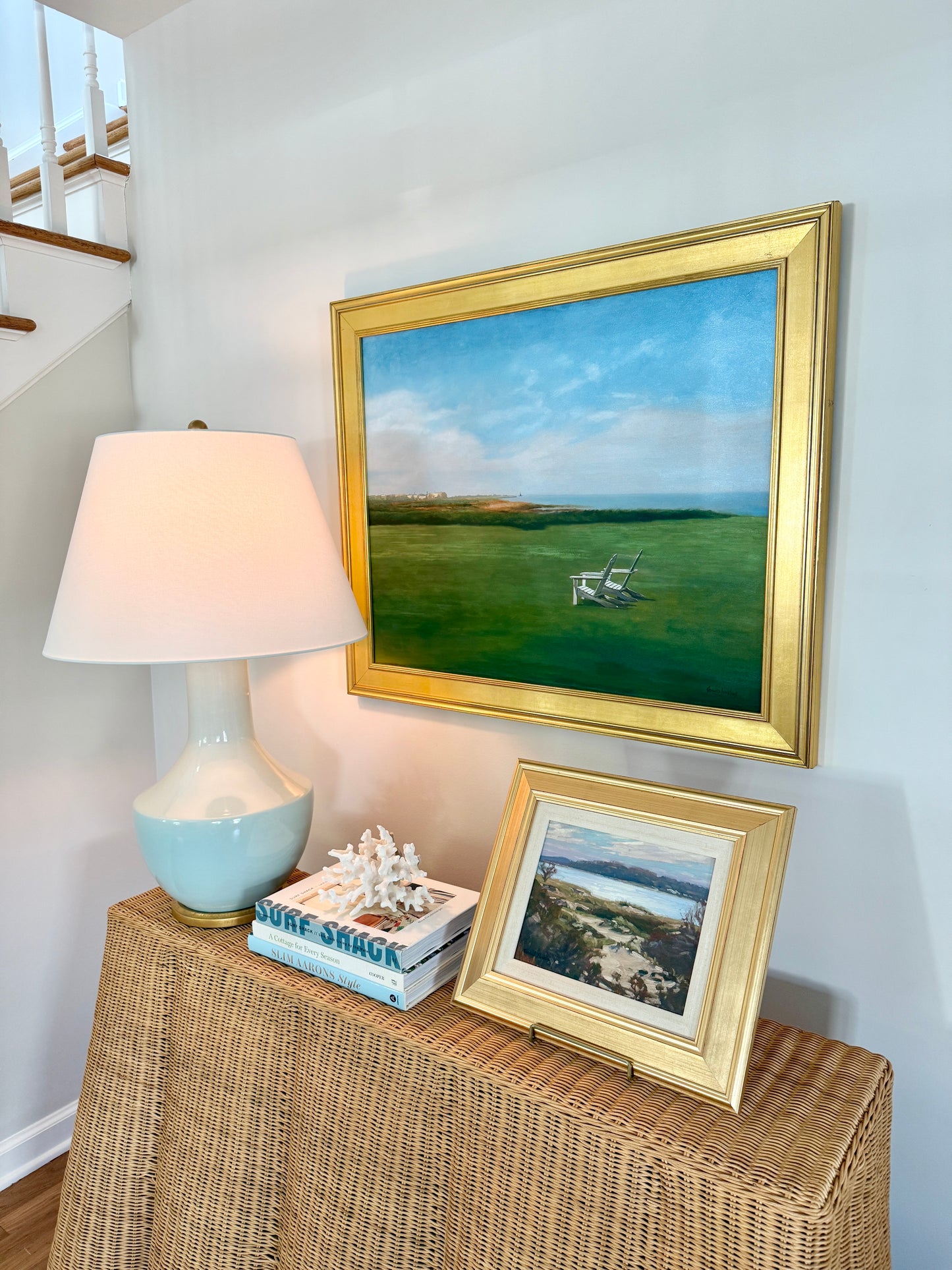 Shawn D. Jenkins For Two Lovers Seaside Adironack Chair Lookout Oil Painting in Gold Frame