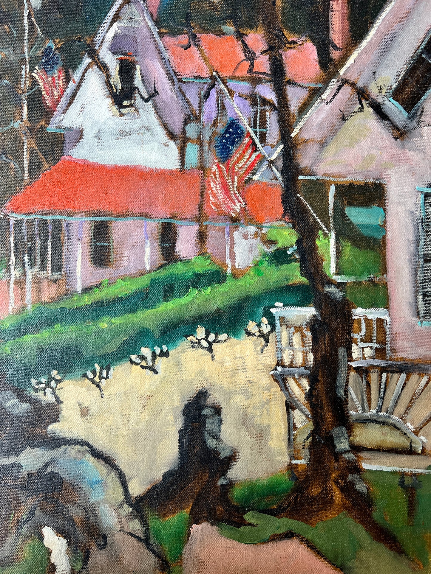 Kris Johnson "Memorial Day" American Flag Houses Oil Painting in Gold Frame
