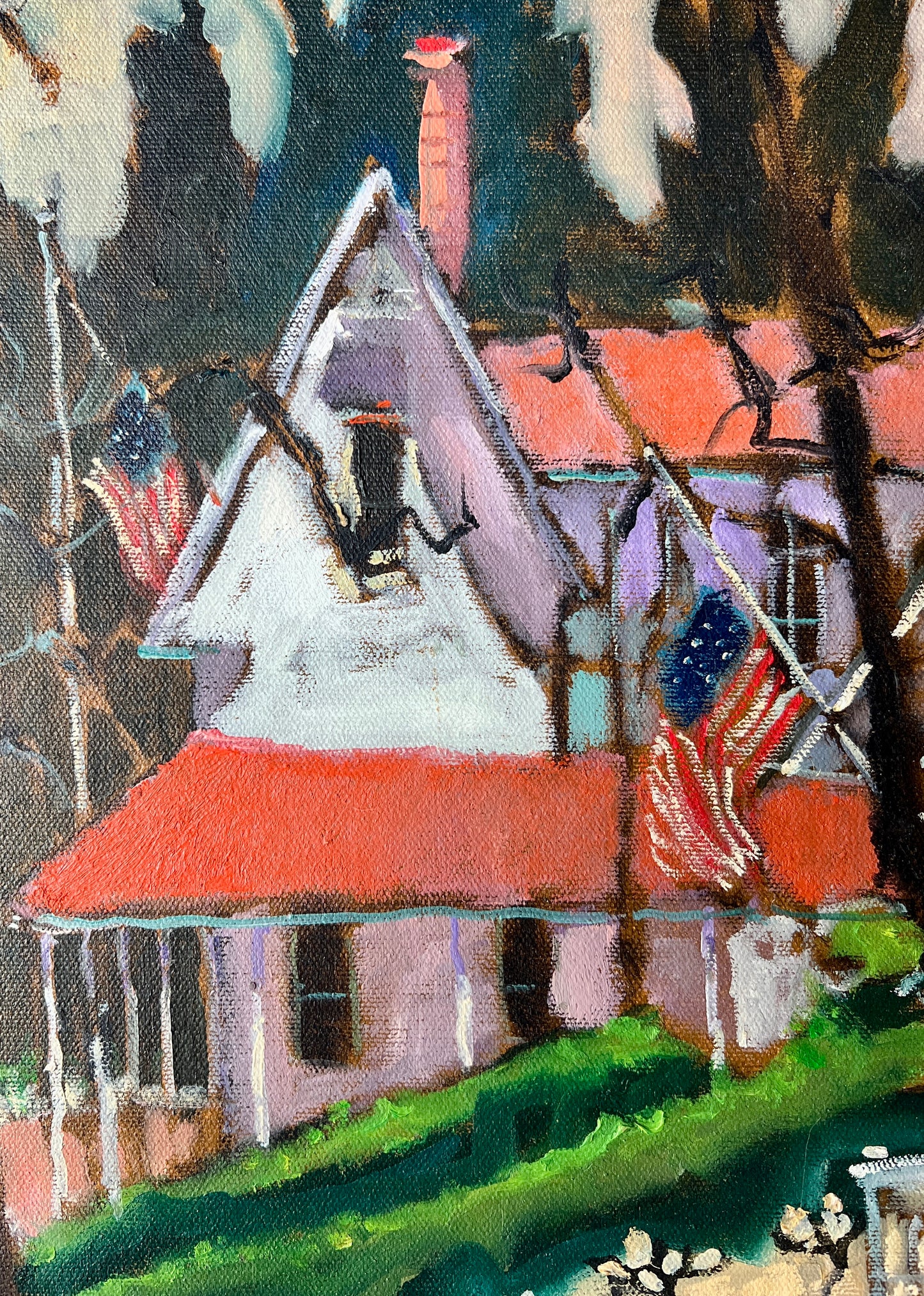 Kris Johnson "Memorial Day" American Flag Houses Oil Painting in Gold Frame